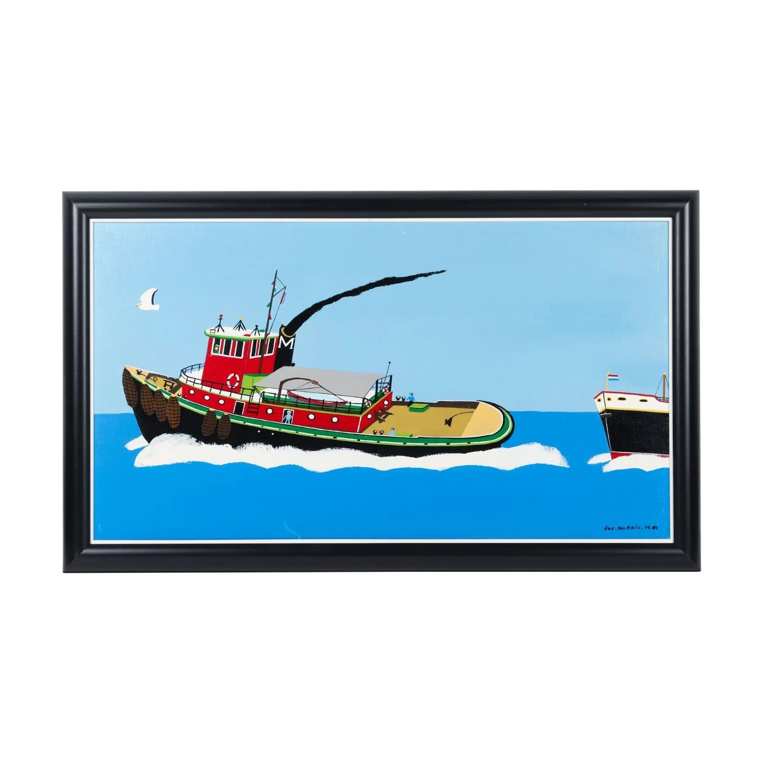 Joe Norris Tug Boat: Oil painting of a tugboat by Nova Scotia folk artist Joe Norris, dated 1981. Estimate: $4,000–$6,000 CAD.