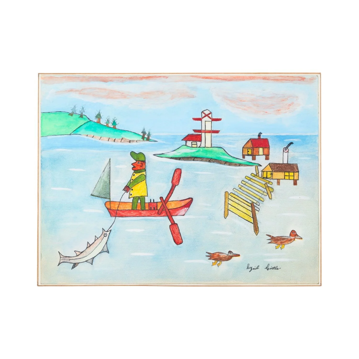 Cyril Hirtle Fishing Scene: Watercolour folk art fishing scene by Cyril Hirtle. Estimate: $4,000–$6,000 CAD.