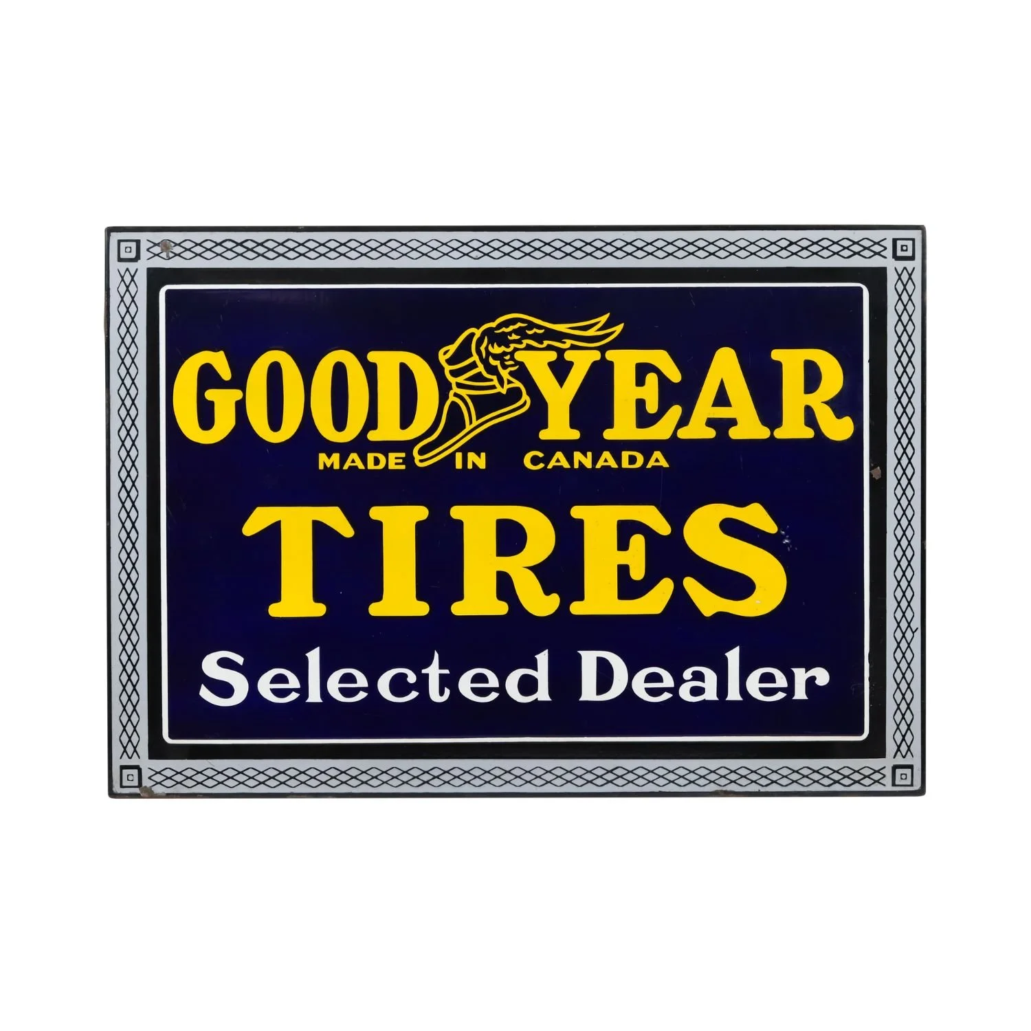 Goodyear Tires “Tread Frame” sign – Canadian 1930s single-sided porcelain dealer sign with diamond tread pattern border (CA$15,730).