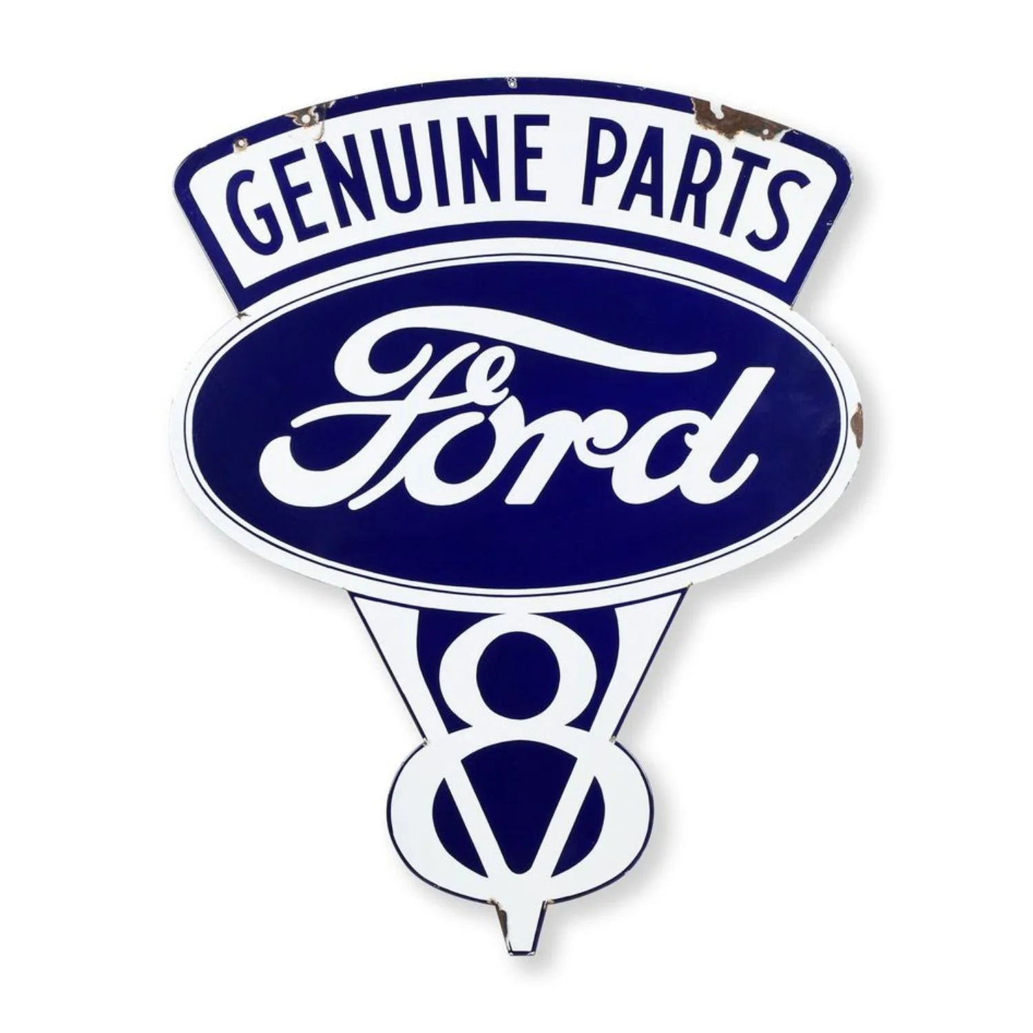 Ford Genuine Parts V8 sign – 1930s double-sided porcelain dealer sign celebrating Henry Ford’s V8 engine (CA$13,310).