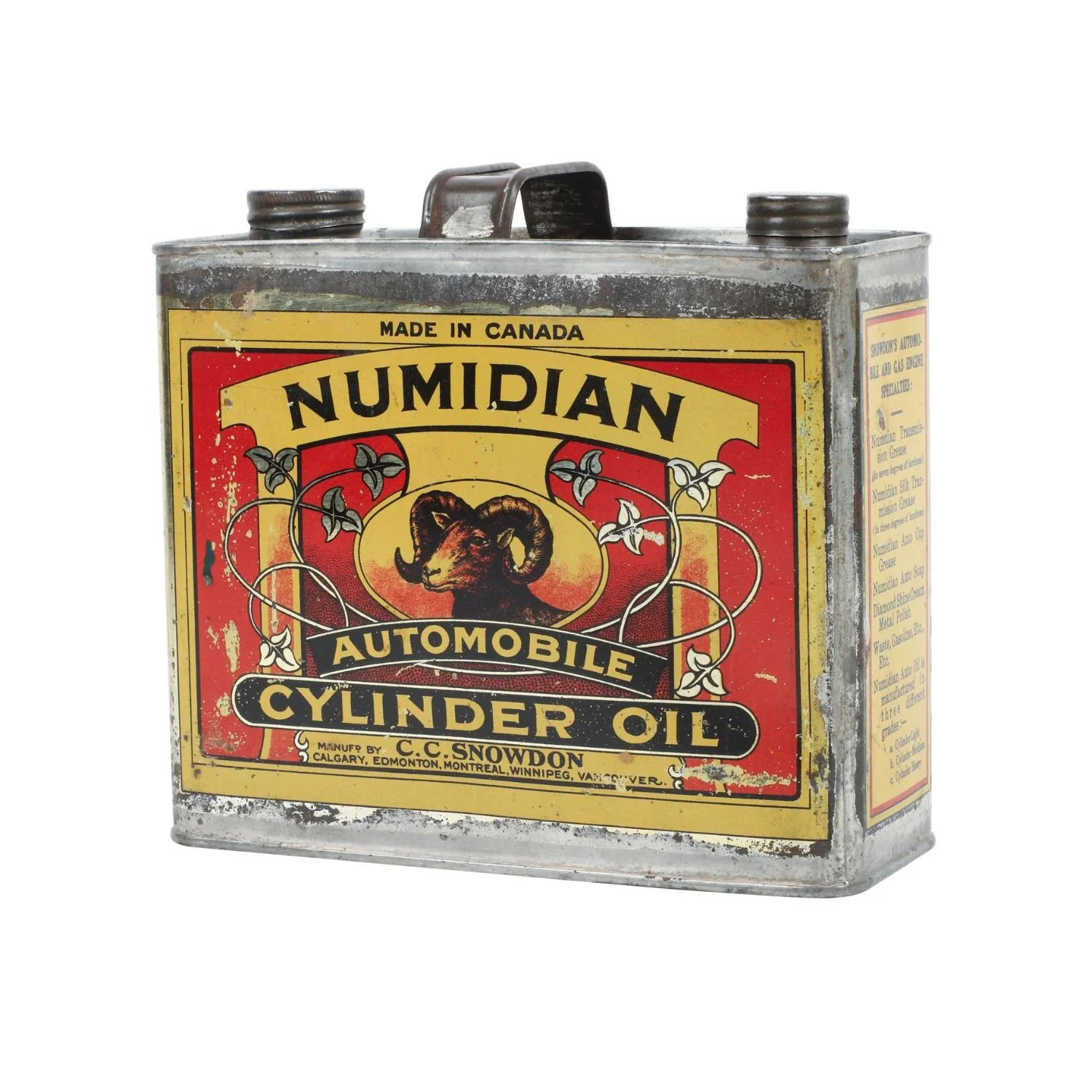 C.C. Snowdon Numidian Cylinder Oil tin – Mid-1910s lithographed tin from early Canadian oil refining company (CA$12,100).