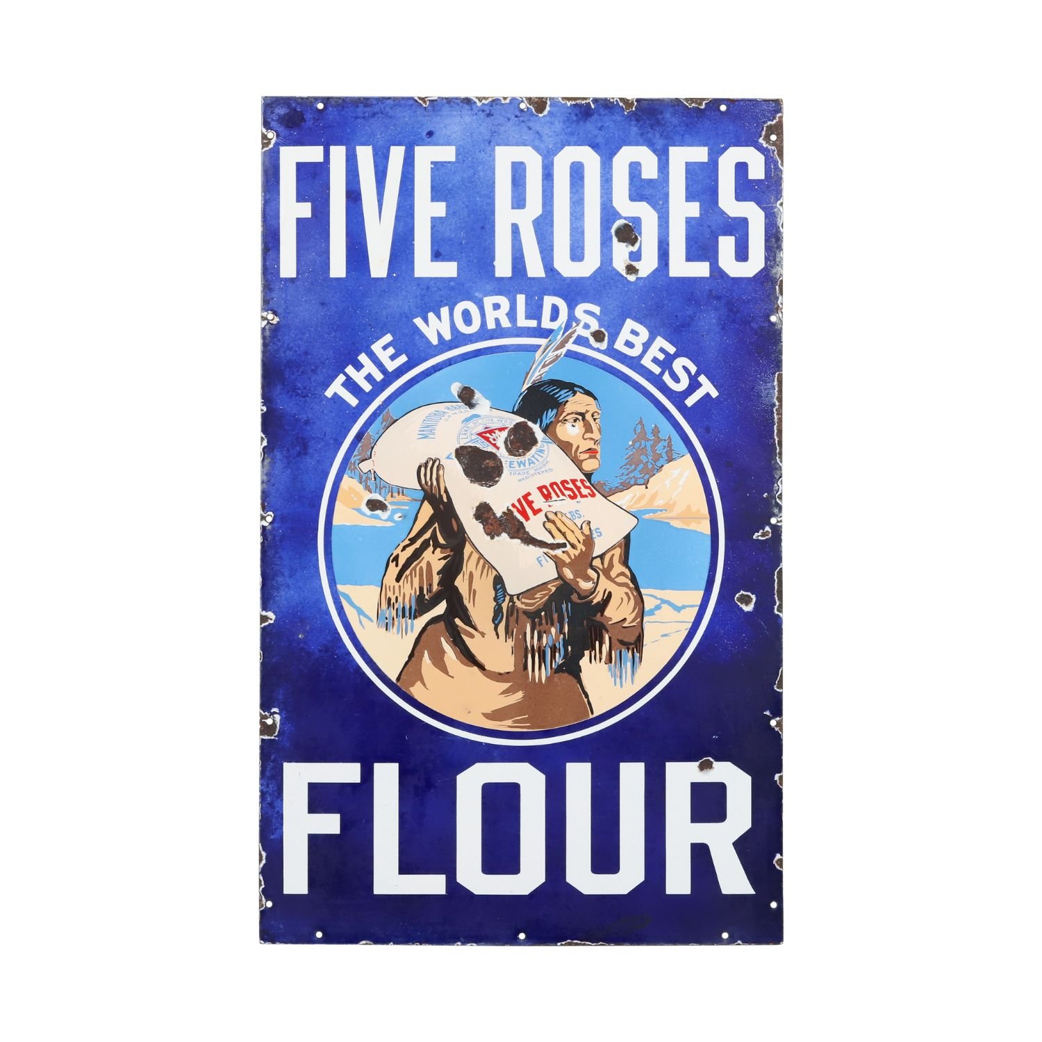Five Roses Flour sign: Canadian 1920s single-sided porcelain sign for Five Roses Flour, 42" x 26", graded 7.75 (CA$9,075).