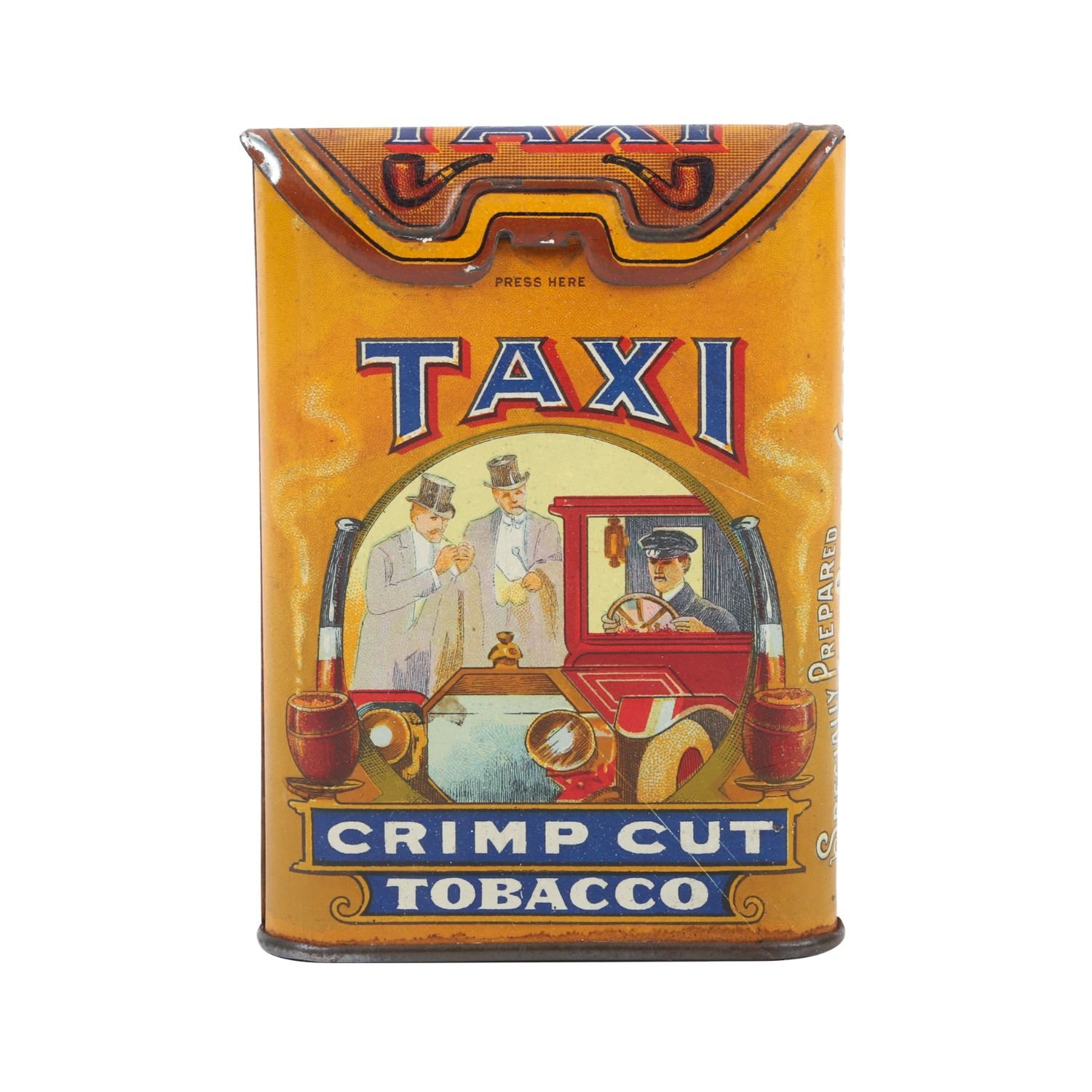 Taxi Tobacco pocket tin: Canadian 1910s rolled-lid pocket tin with exquisite graphics (CA$4,840).