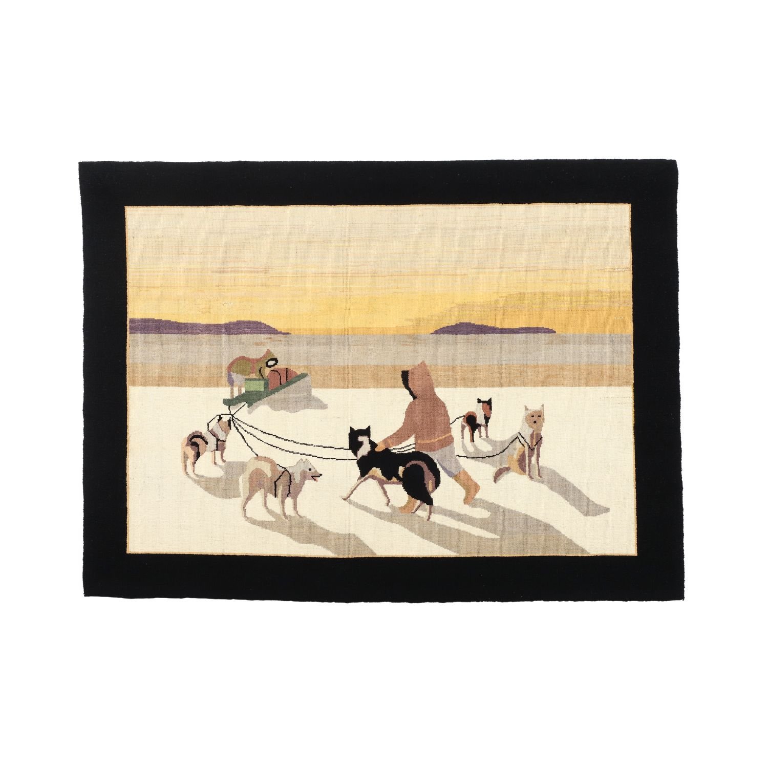 “Dog Team With Shadows” Grenfell Mat 1942 Grenfell design by Stephen Hamilton, with strong detail and colour (CA$8,470).