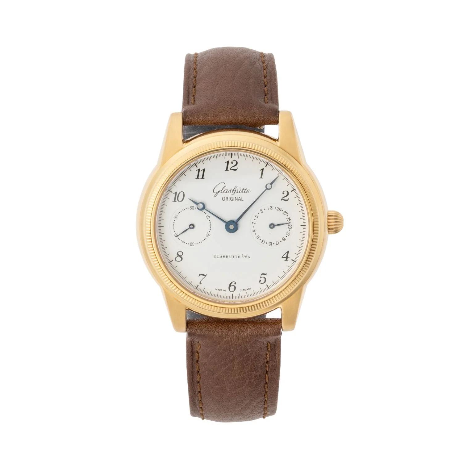 Glashütte Original 1845 Klassik Pointer Date, gold case with manual-wind movement. Estimate: CA$10,000–$13,000.