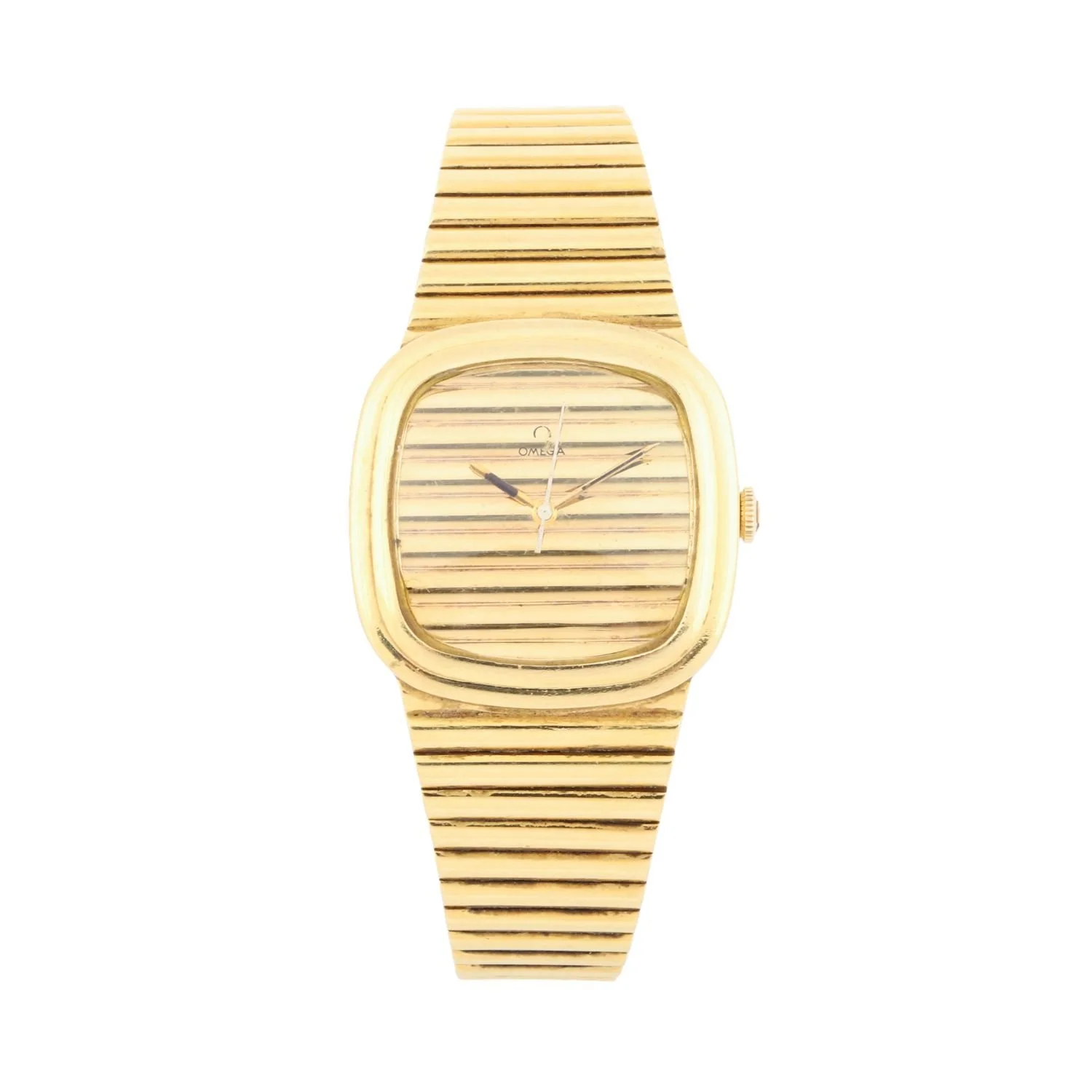 Omega 18K integrated bracelet wristwatch, circa 1966, with ribbed gold dial and mesh bracelet. (CA$13,310)