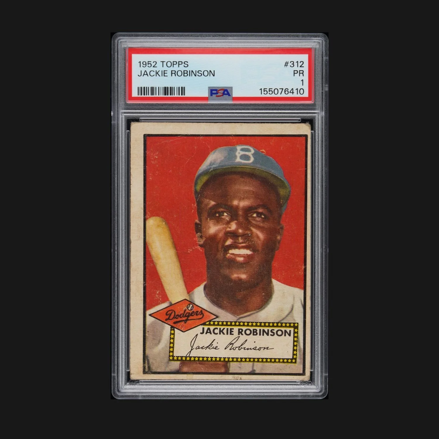 1952 Topps #312 Jackie Robinson, graded PSA 1 PR. Estimate: CA$4,000–$6,000.