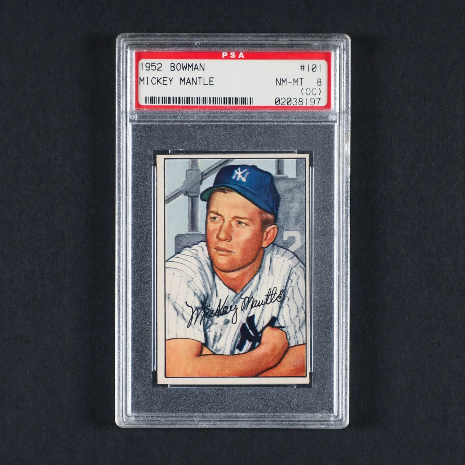 1952 Bowman #101 Mickey Mantle, graded PSA 8 (OC), a strong high-grade example of one of baseball’s most iconic cards. Estimate: CA$9,000–$12,000.