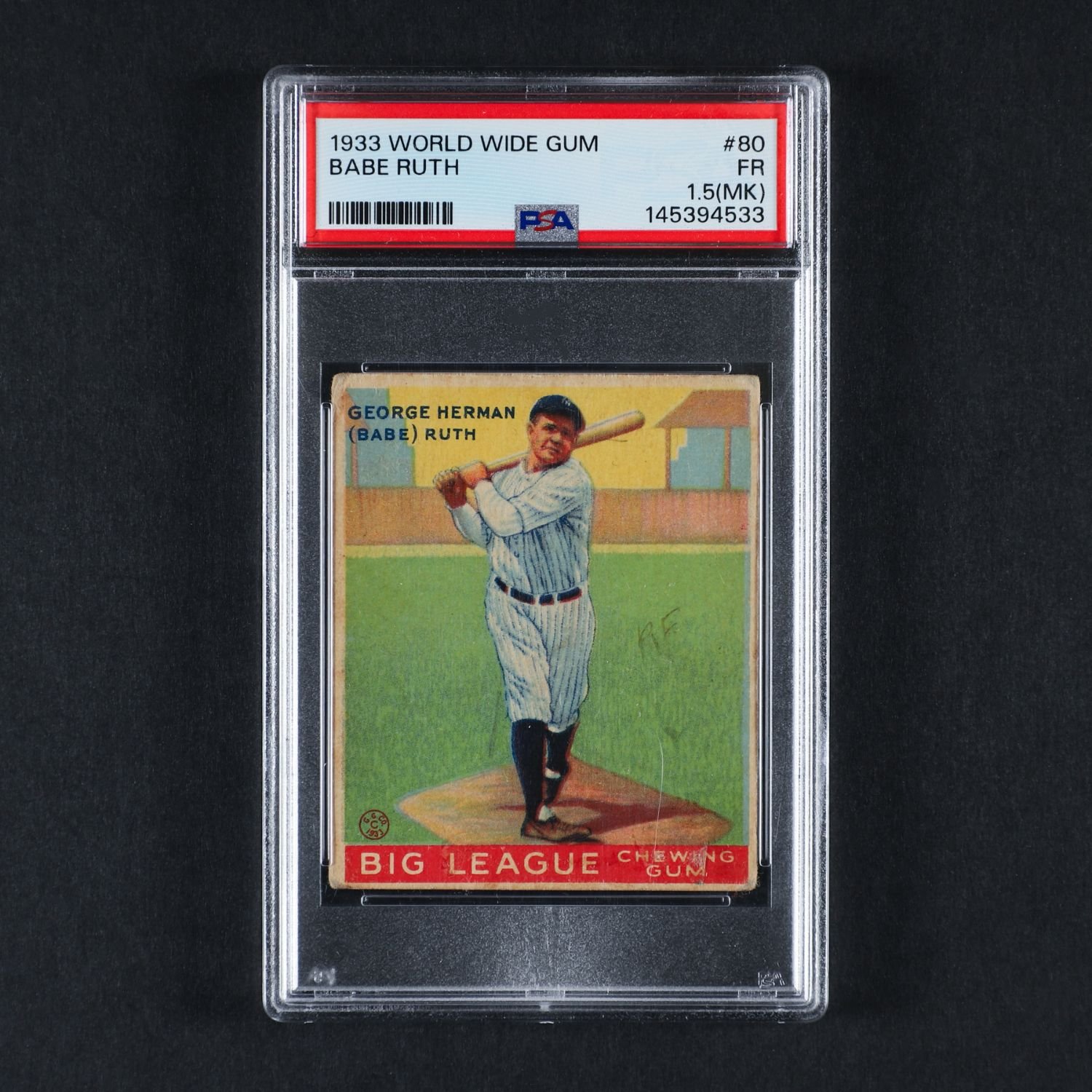 1933 World Wide Gum #80 Babe Ruth, PSA 1.5 MK. Estimate: CA$5,000–$10,000.
