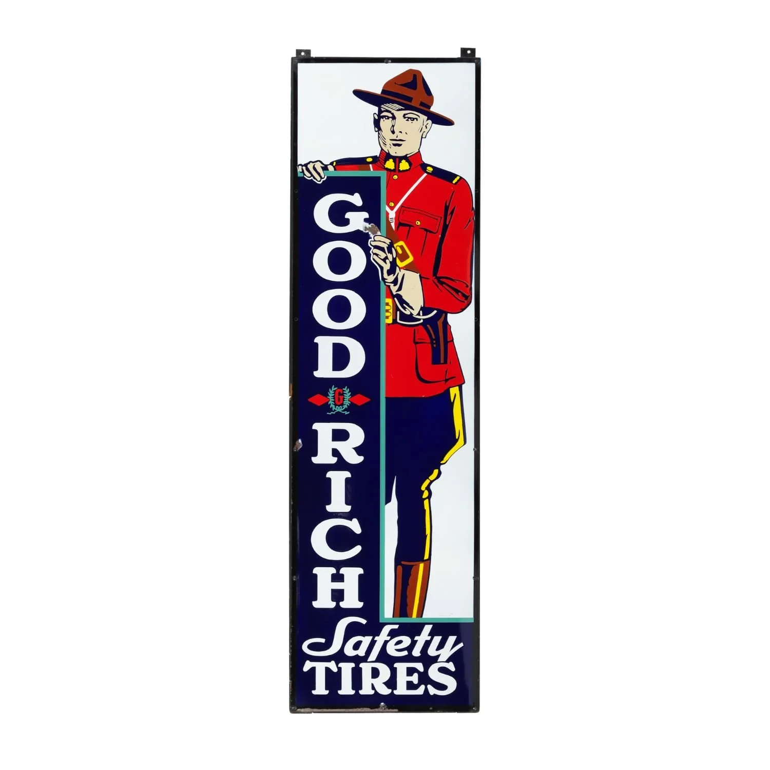 Canadian Good Rich Safety Tires porcelain “Mountie” vertical sign, 1930s. Estimate: CA$35,000–$50,000.