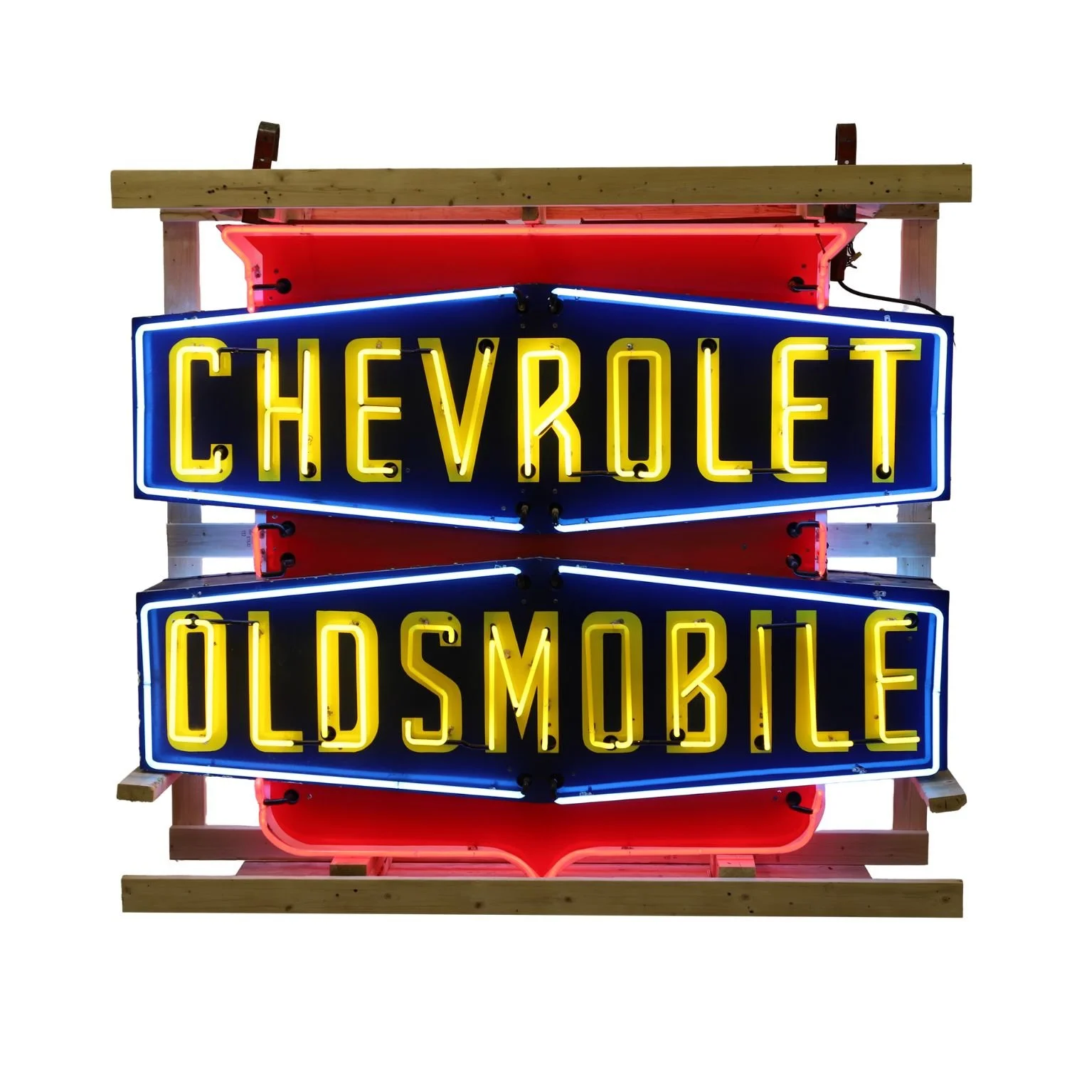 Chevrolet Oldsmobile dual-brand porcelain neon dealership sign. Estimate: CA$25,000–$35,000.