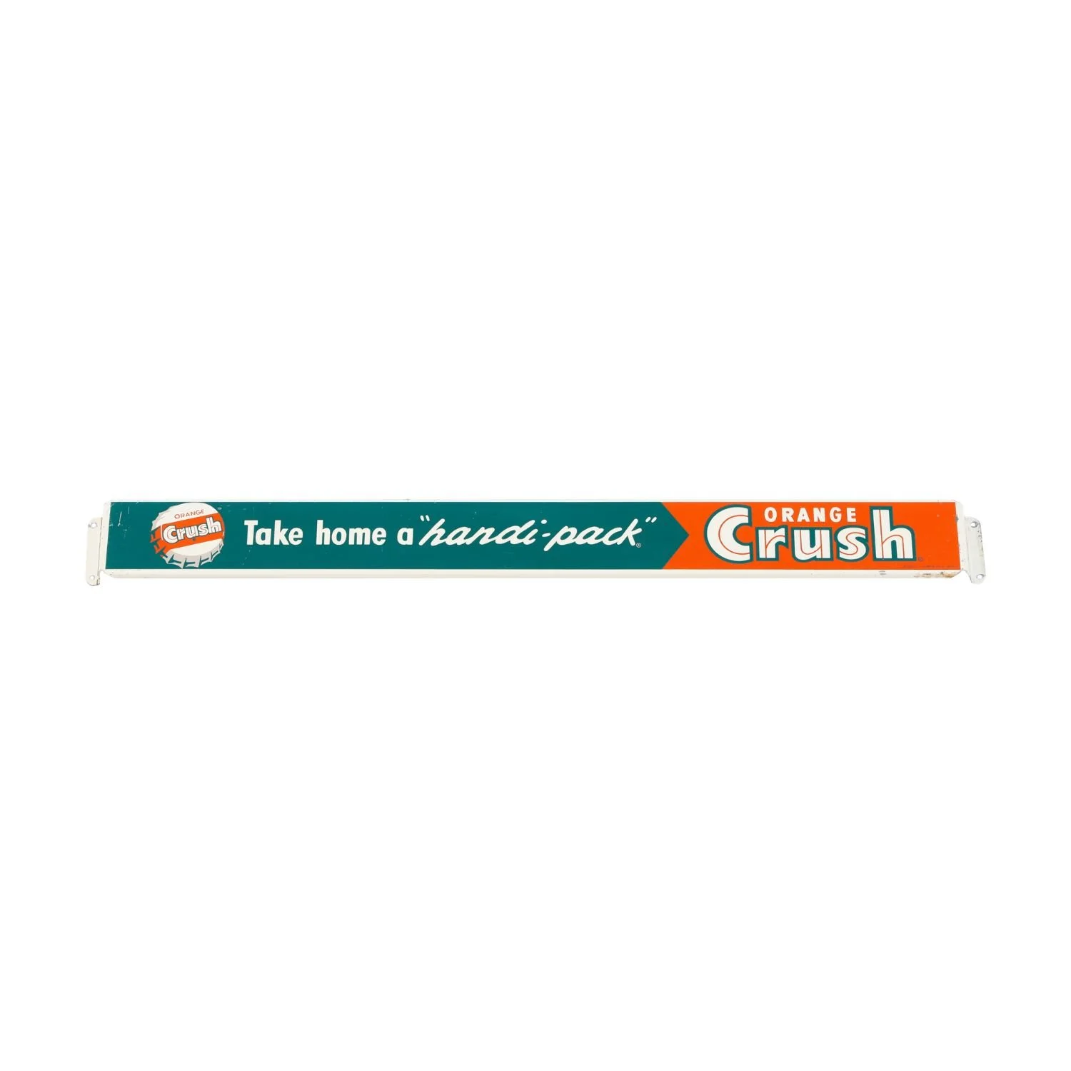 1955 Orange Crush “Handi-pack” single-sided tin push bar. Estimate: CA$1,200–$1,500.
