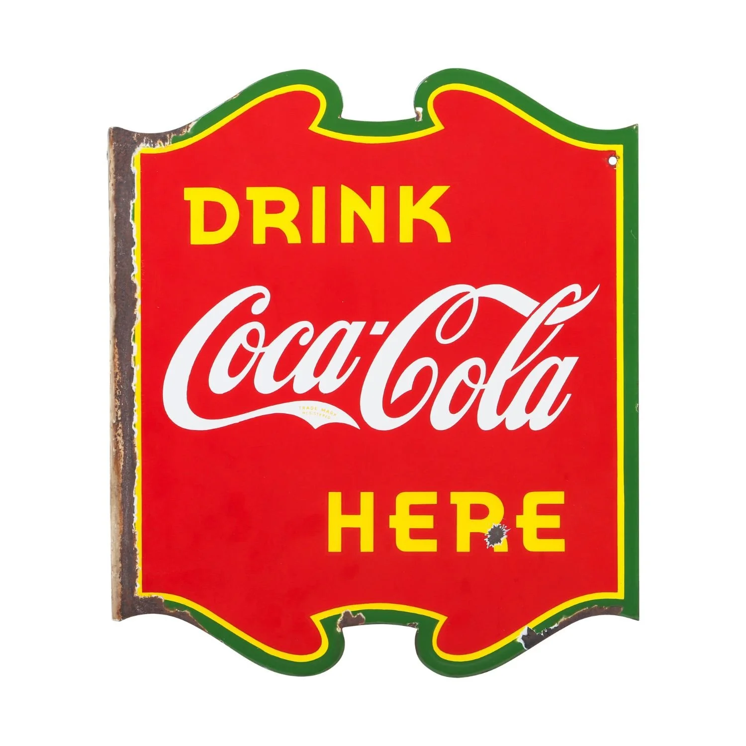 1939 Coca-Cola “Drink Here” double-sided porcelain flange sign with classic scroll design. Estimate: CA$1,200–$1,500.