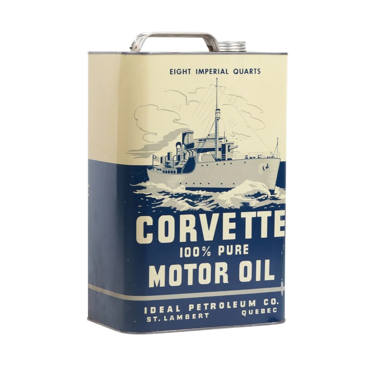 1950s Corvette Motor Oil eight-imperial-quart bilingual tin by Ideal Petroleum Co., St. Lambert, Quebec. Estimate: CA$1,200–$1,500.