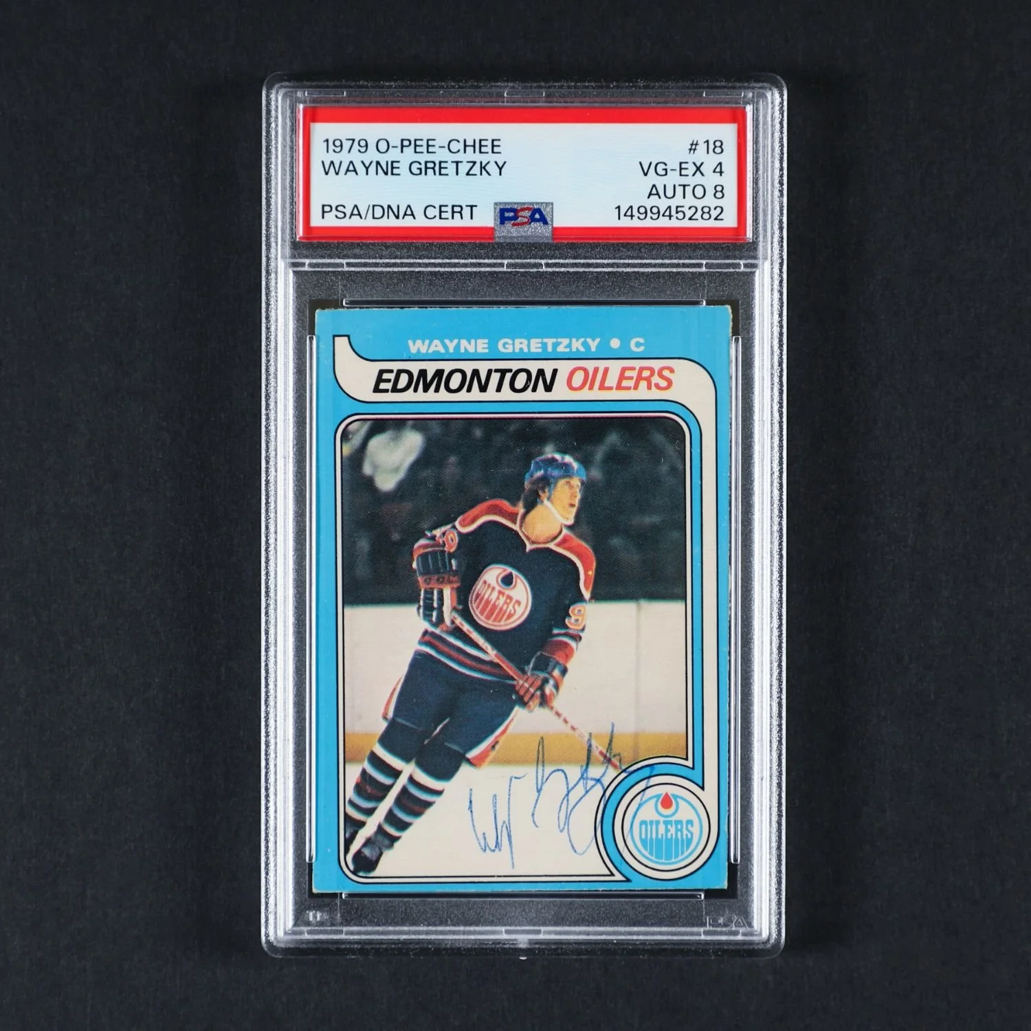 1979-1980 O-Pee-Chee Wayne Gretzky rookie card signed by Gretzky in 1981, graded PSA 4 with PSA 8 autograph (CA$15,730).