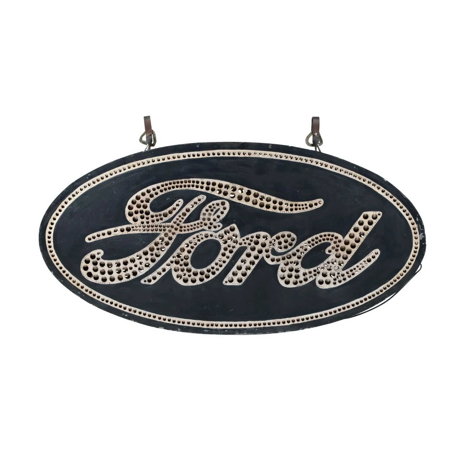  Ford Punched Tin Smaltz Dealer Sign: Early illuminated Ford dealership sign featuring hand-punched tin and shimmering smaltz construction from the pre-neon era (CA$72,600).