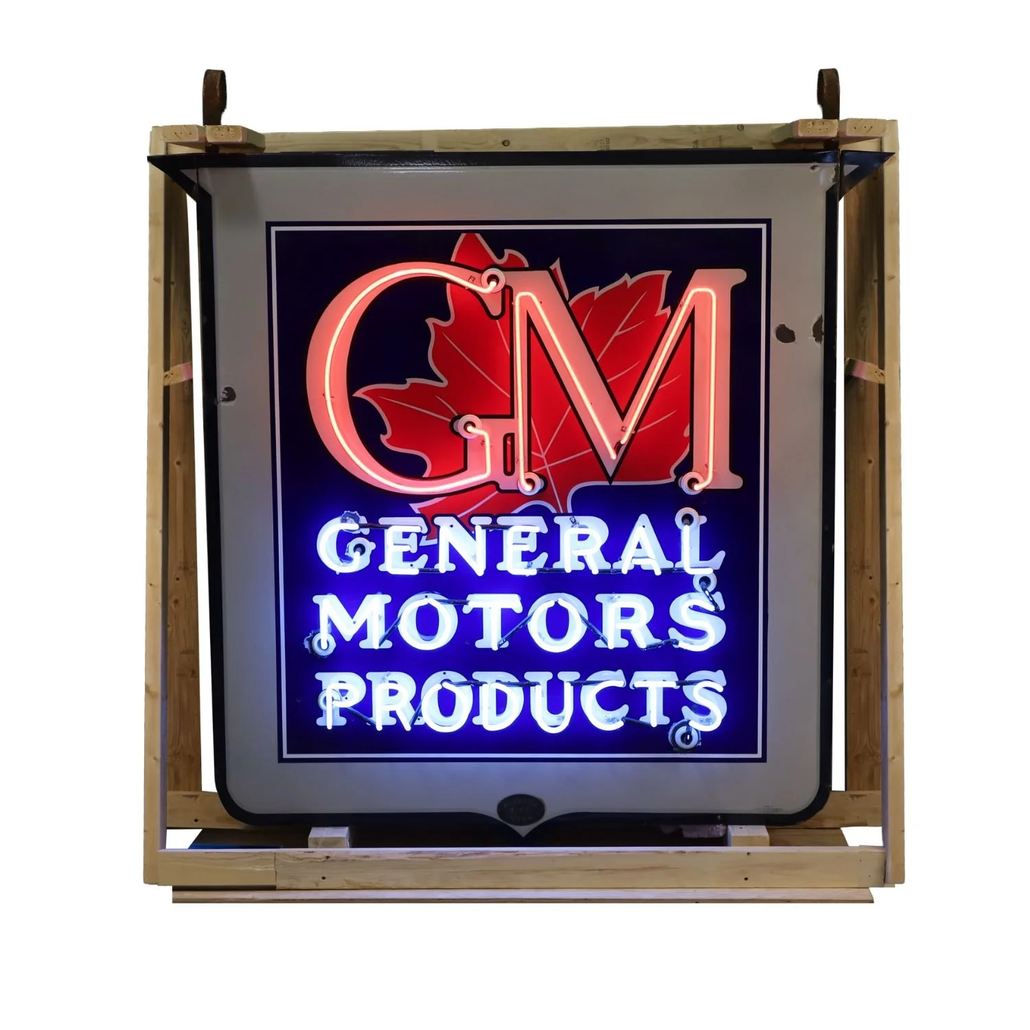General Motors Products Neon Sign: Rare wartime-era double-sided porcelain neon sign with red maple leaf motif, considered a holy grail of Canadian automotive advertising (CA$57,475).
