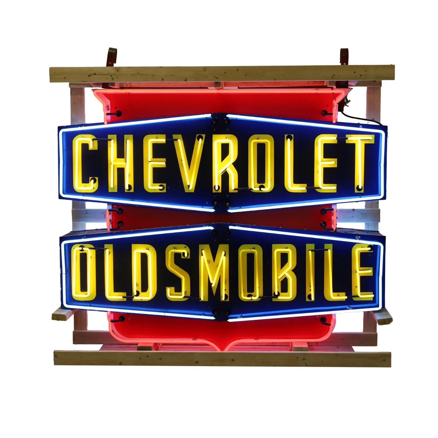 Chevrolet Oldsmobile Neon Dealer Sign: Large dual-brand General Motors porcelain neon sign illustrating the company's famous "Ladder of Success" marketing strategy (CA$51,425).