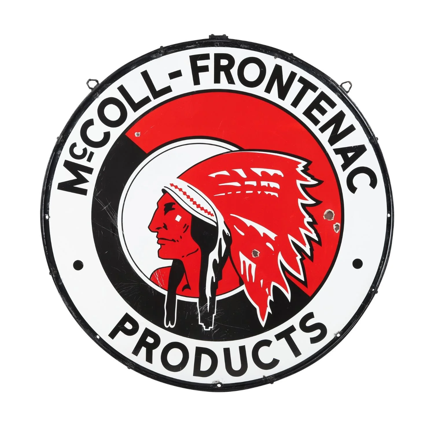 McColl-Frontenac Red Indian Sign: Exceptionally rare 42-inch double-sided porcelain sign featuring one of Canada's most recognizable petroleum trademarks (CA$39,325).
