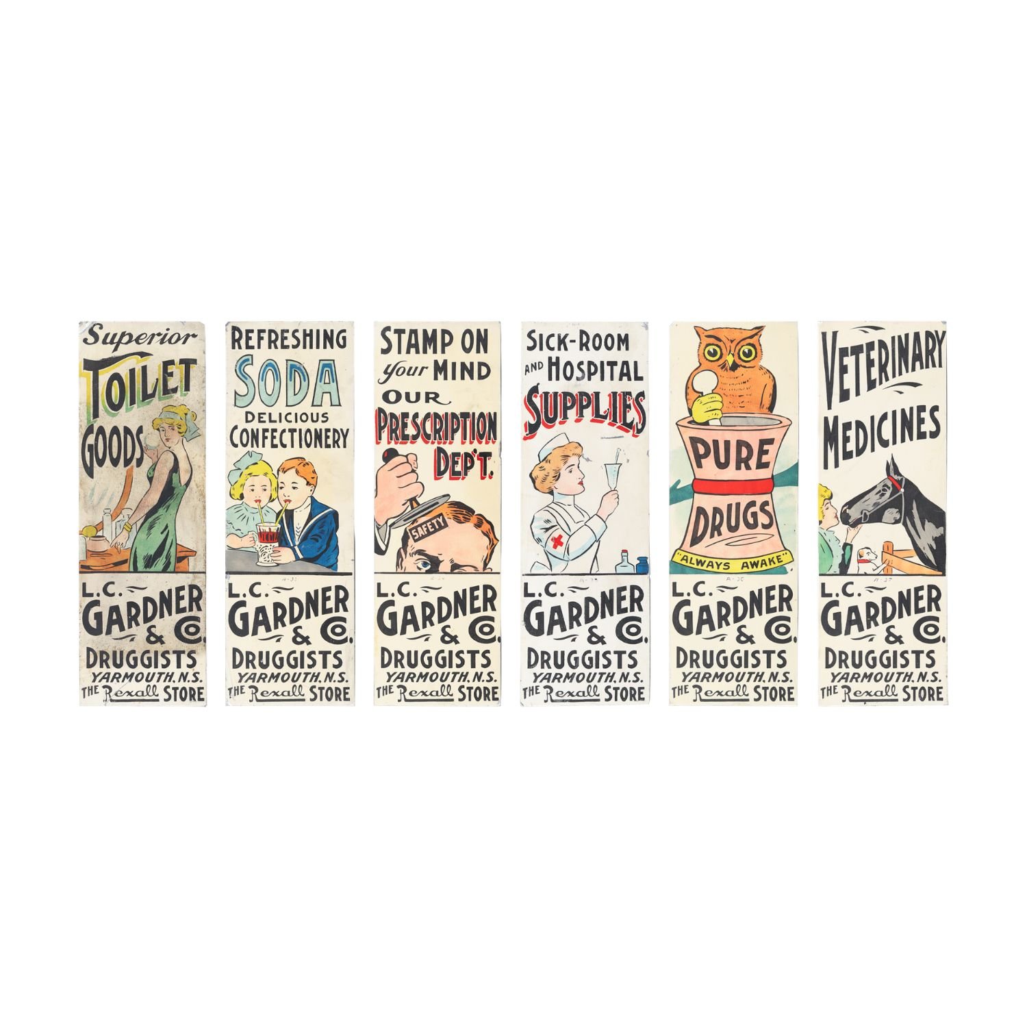 L.C. Gardner &amp; Co. "Six-Pack Sequence": Complete set of six Ithaca roadside advertising signs commissioned for a prominent Nova Scotia pharmacy (CA$39,325).