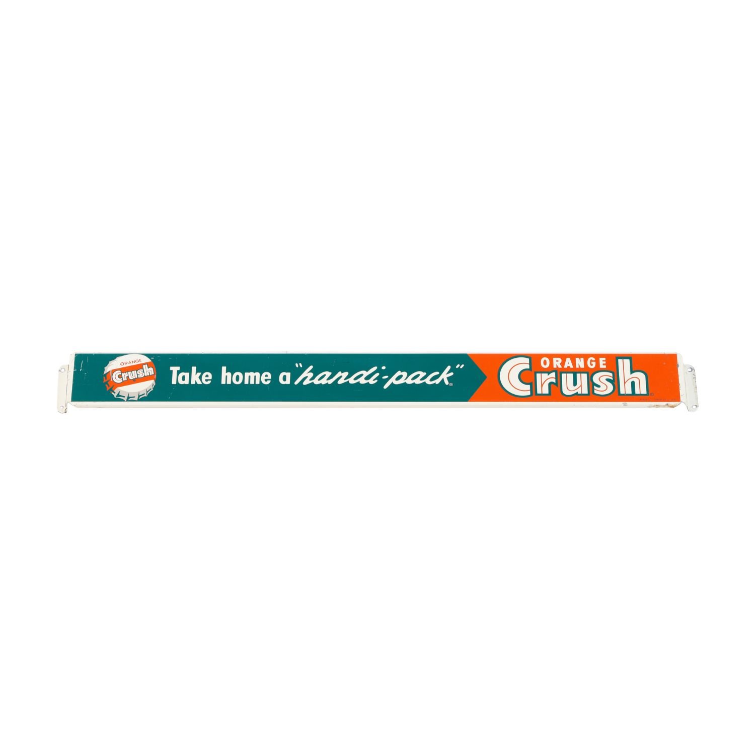 Orange Crush "Handi-pack" Push Bar: Bright 1955 Orange Crush "Handi-pack" tin push bar in excellent condition with vibrant original graphics, selling for CA$1,452.