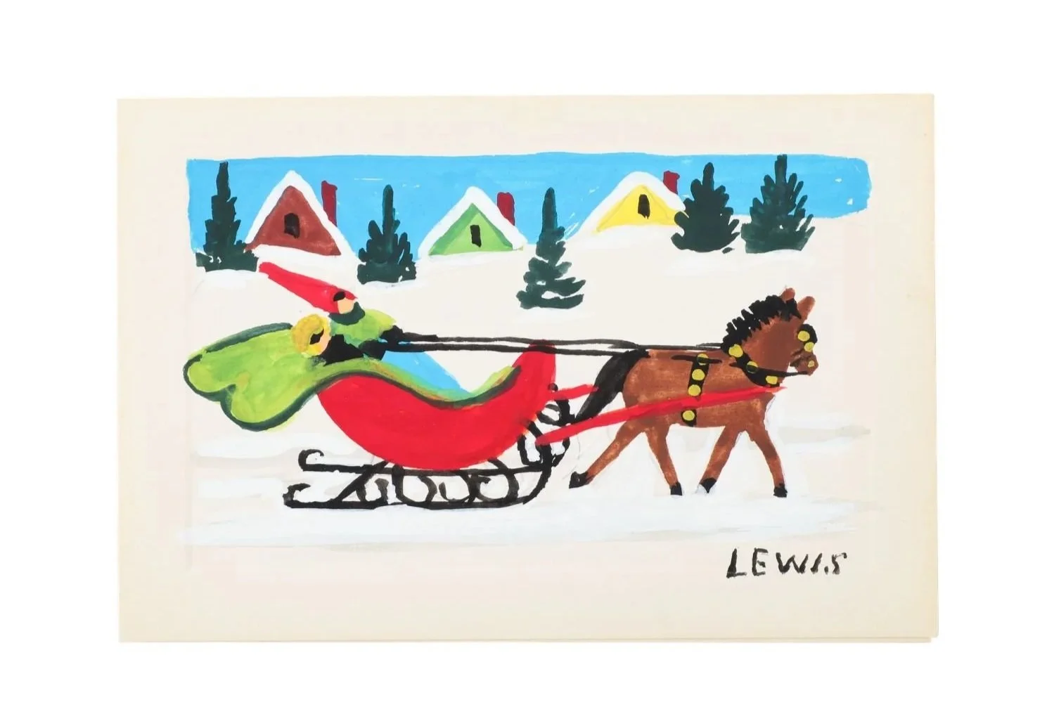 Maud Lewis, Sleighing Scene Christmas Card - Charming postcard-sized winter watercolour purchased directly from the artist; CA$9,075.