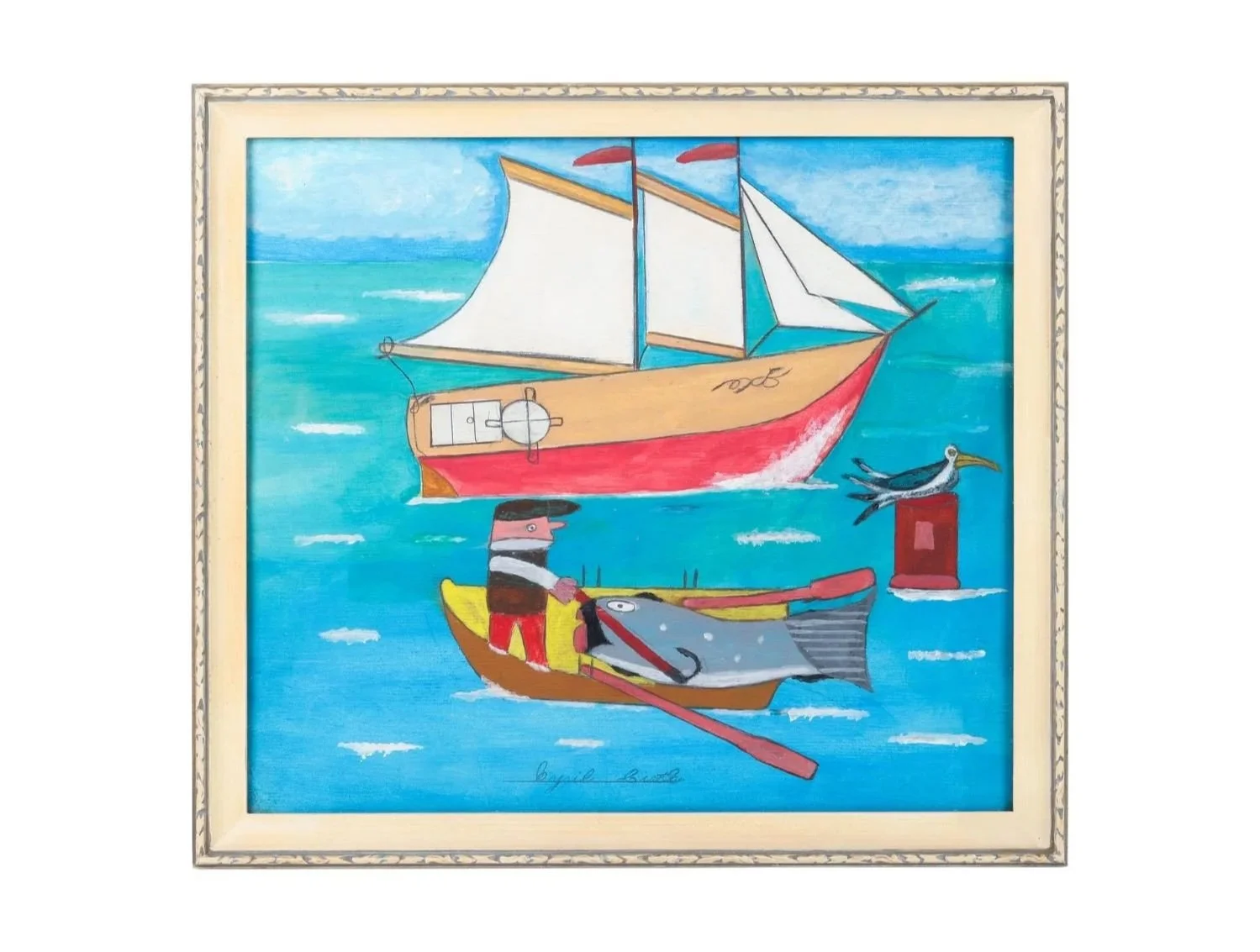 Cyril Hirtle, Big Catch Whimsical fishing scene demonstrating Hirtle's distinctive approach to scale and perspective; CA$9,075.