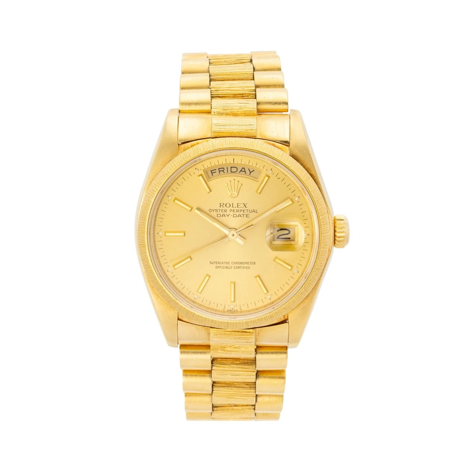 Rolex Ref. 18078 Day-Date “President” in 18K yellow gold with rare bark-finish bezel and bracelet. (CA$29,040)