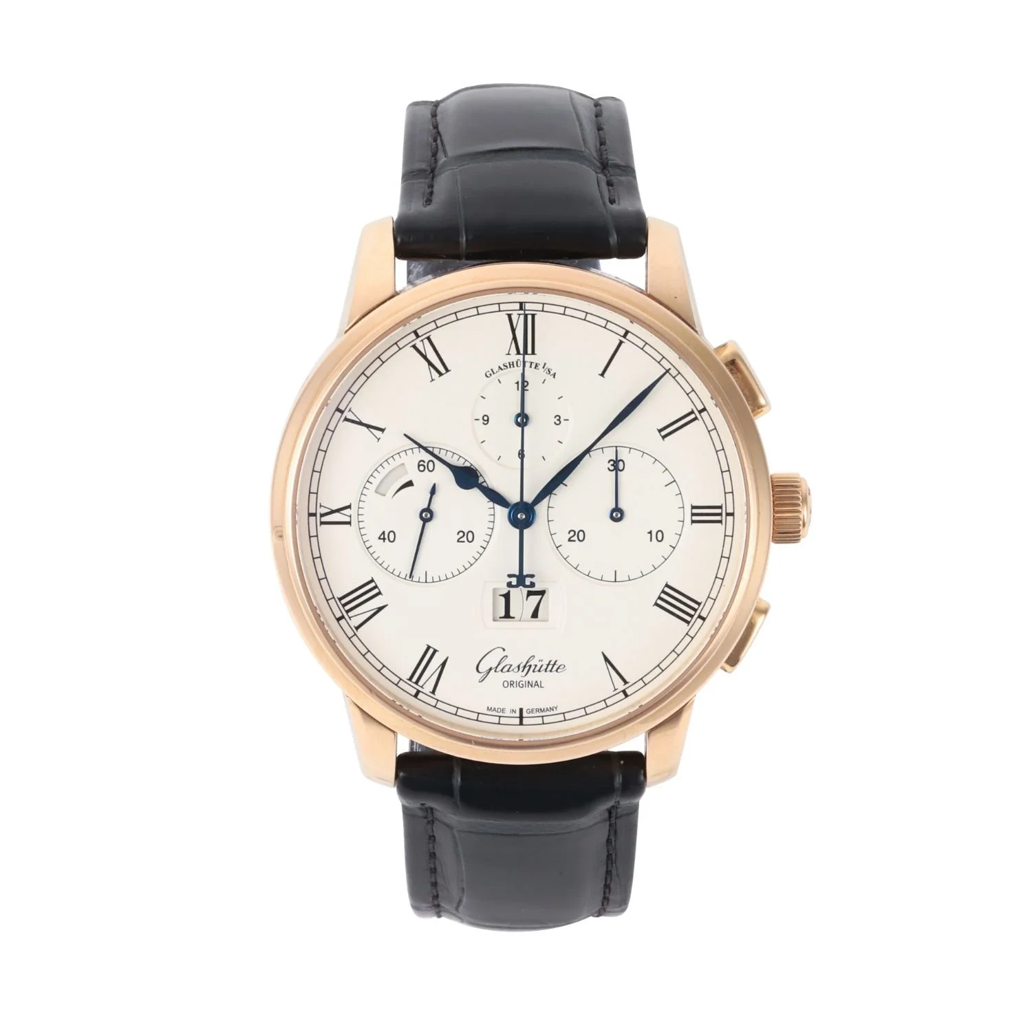 Glashütte Original Senator Chronograph Panorama Date in 18K rose gold with in-house flyback chronograph movement. (CA$24,200)