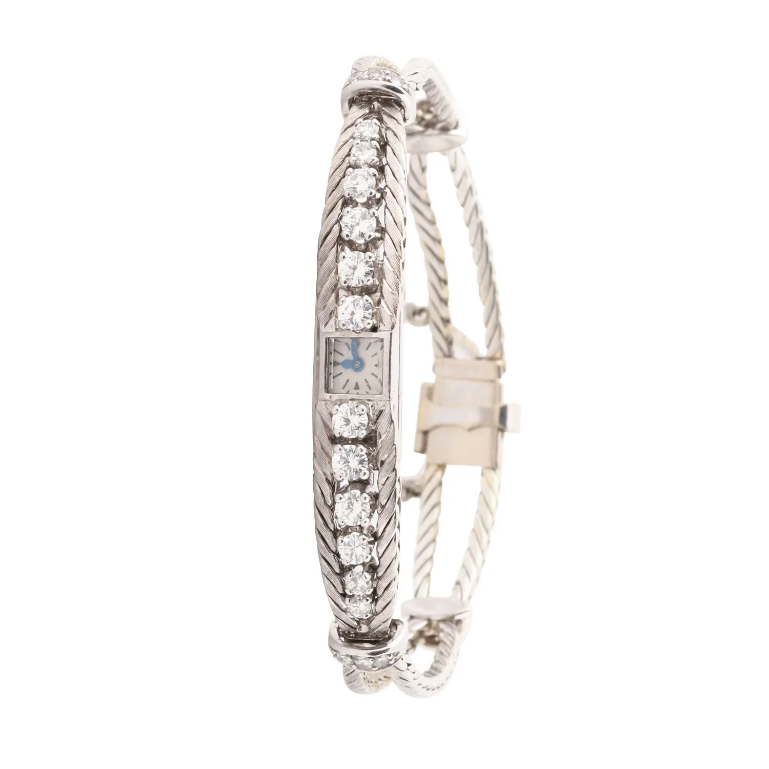 Jaeger-LeCoultre Calibre 101 platinum diamond bracelet watch housing the world’s smallest mechanical movement. (CA$13,310)