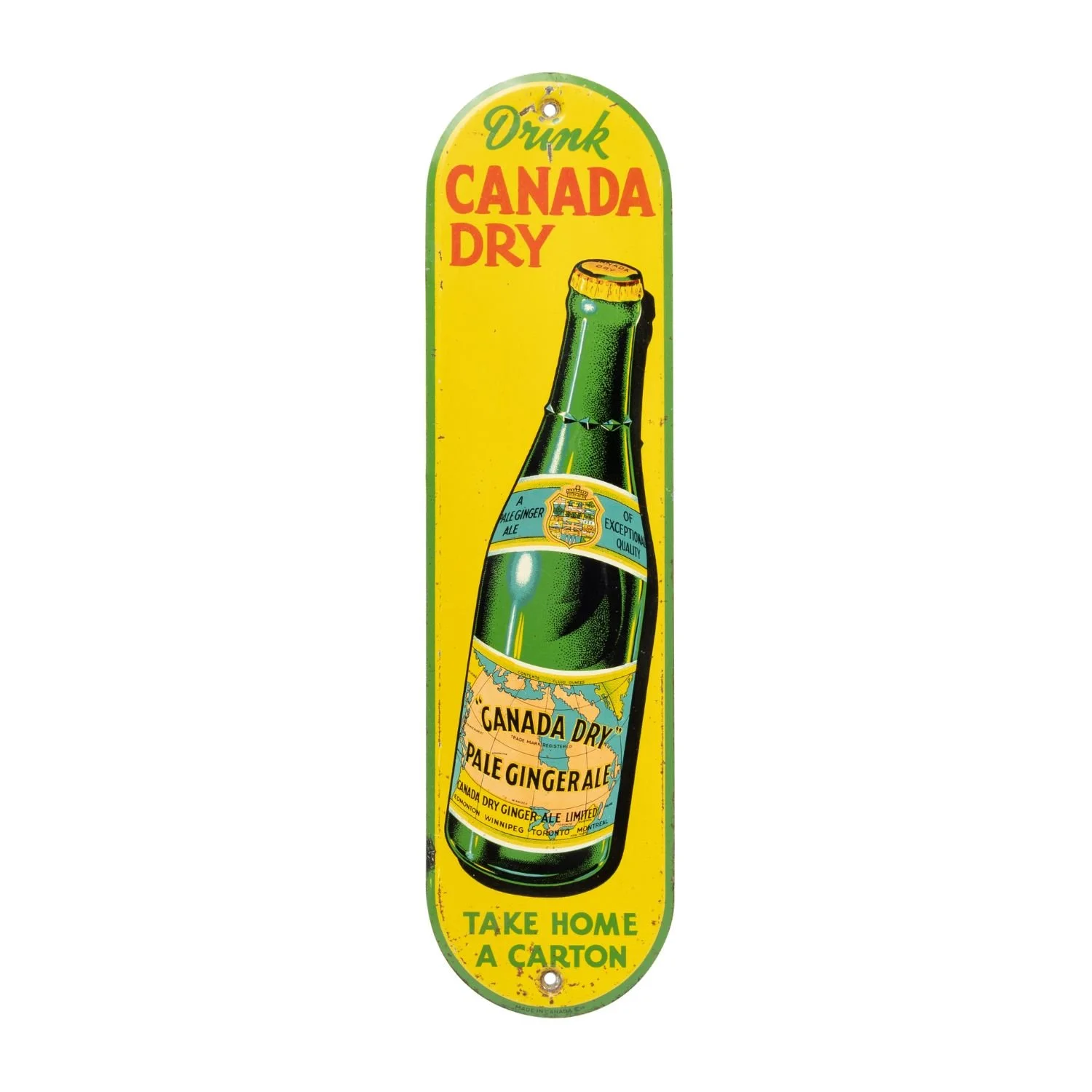 Canadian 1940–1948 Canada Dry “Take Home a Carton” die-cut tin door sign, TAC authenticated. Estimate: CA$900–$1,200.