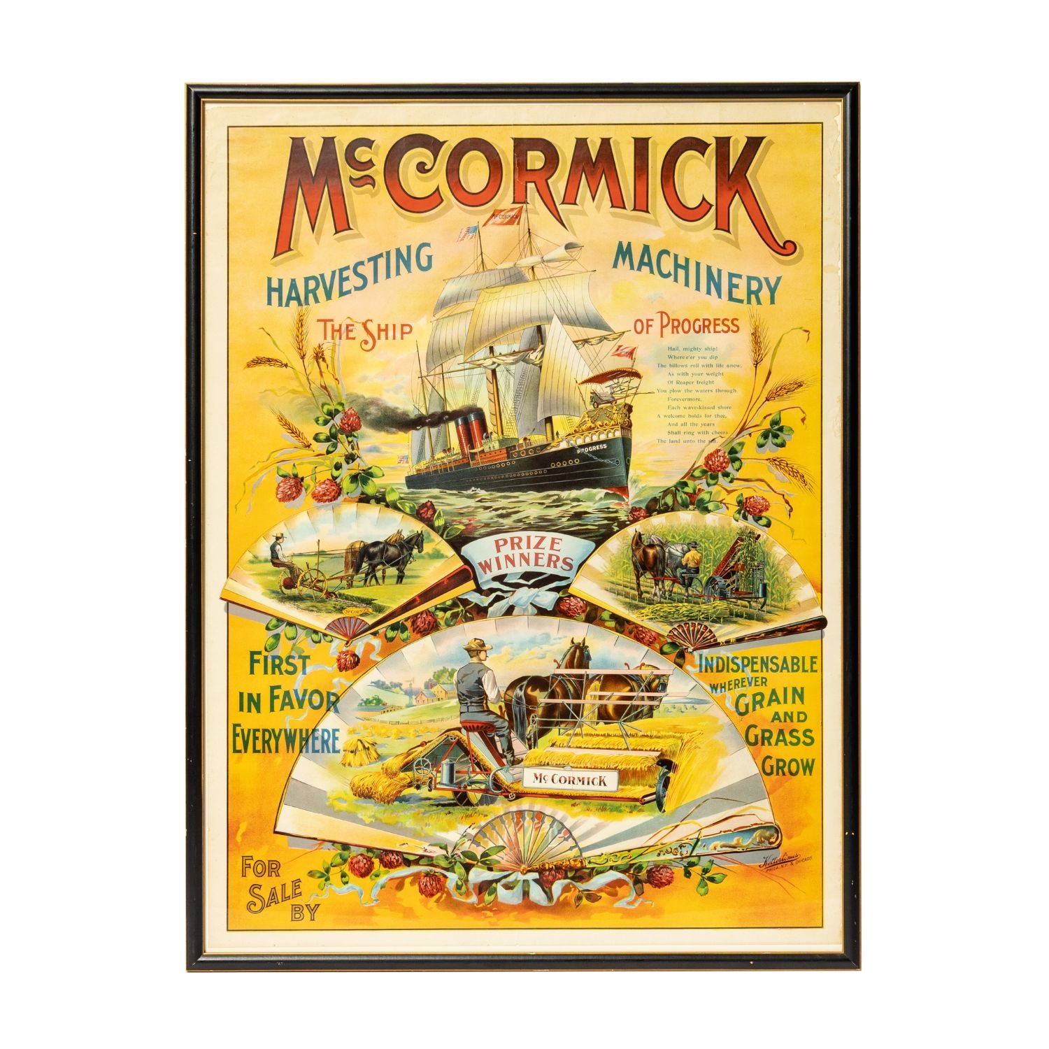 Pre-1902 McCormick Harvesting Machinery “Ship of Progress” chromolithograph advertising poster. Estimate: CA$6,500–$9,000.
