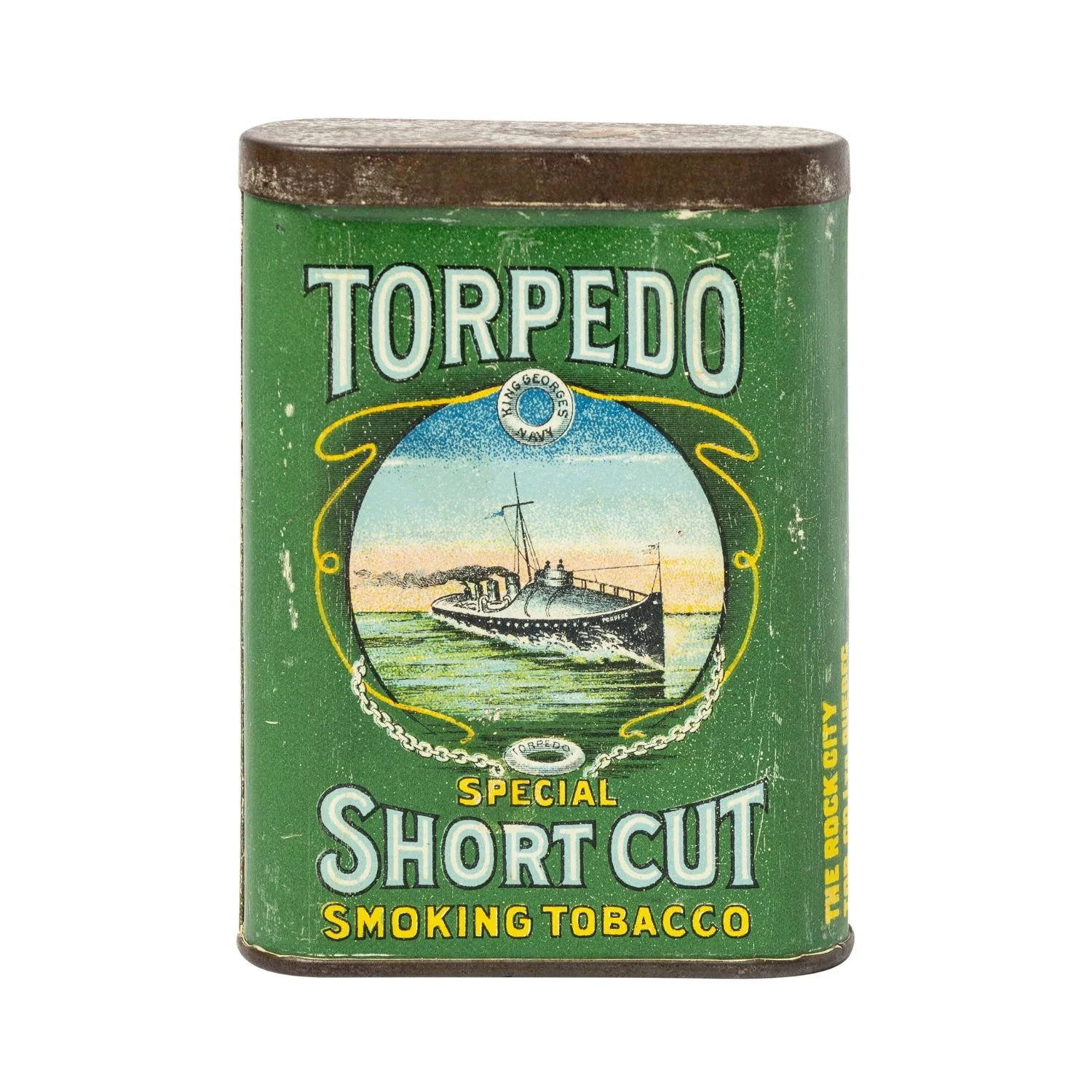 1920 Torpedo Short Cut Tobacco destroyer-ship pocket tin, Rock City Tobacco Co. Limited, Quebec. Estimate: CA$3,500–$5,000.