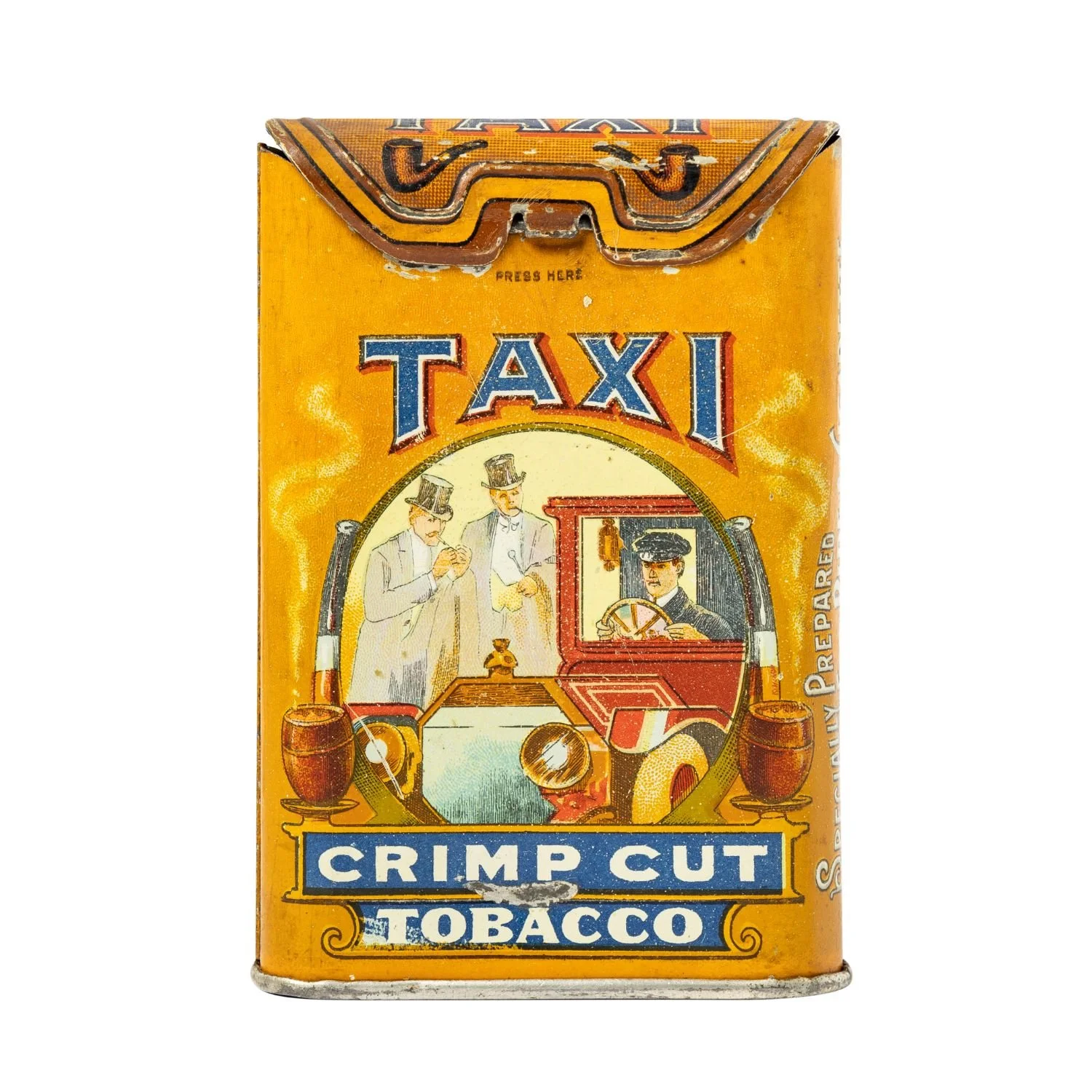 Circa 1910–1920 Taxi Crimp Cut Tobacco pocket tin by Imperial Tobacco Company of Canada. Estimate: CA$3,000–$4,000.