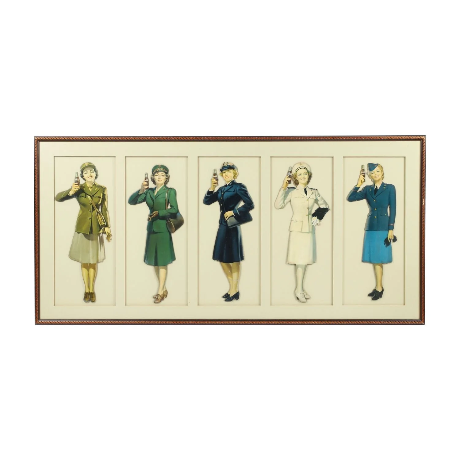 1942–1945 Coca-Cola Women in Uniform five-piece military advertising sign set. Estimate: CA$3,000–$3,500.