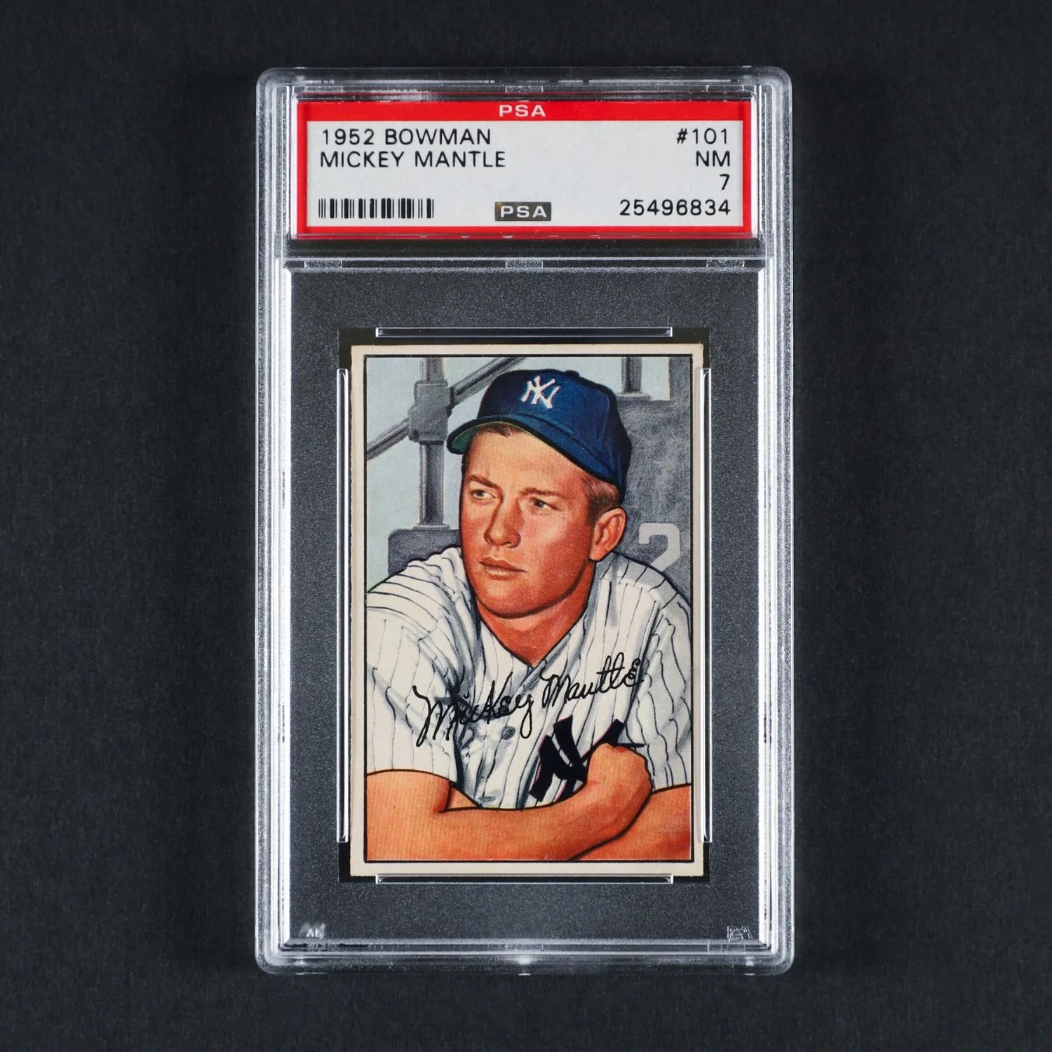 1952 Bowman #101 Mickey Mantle, graded PSA 7 NM. Estimate: CA$20,000–$25,000.