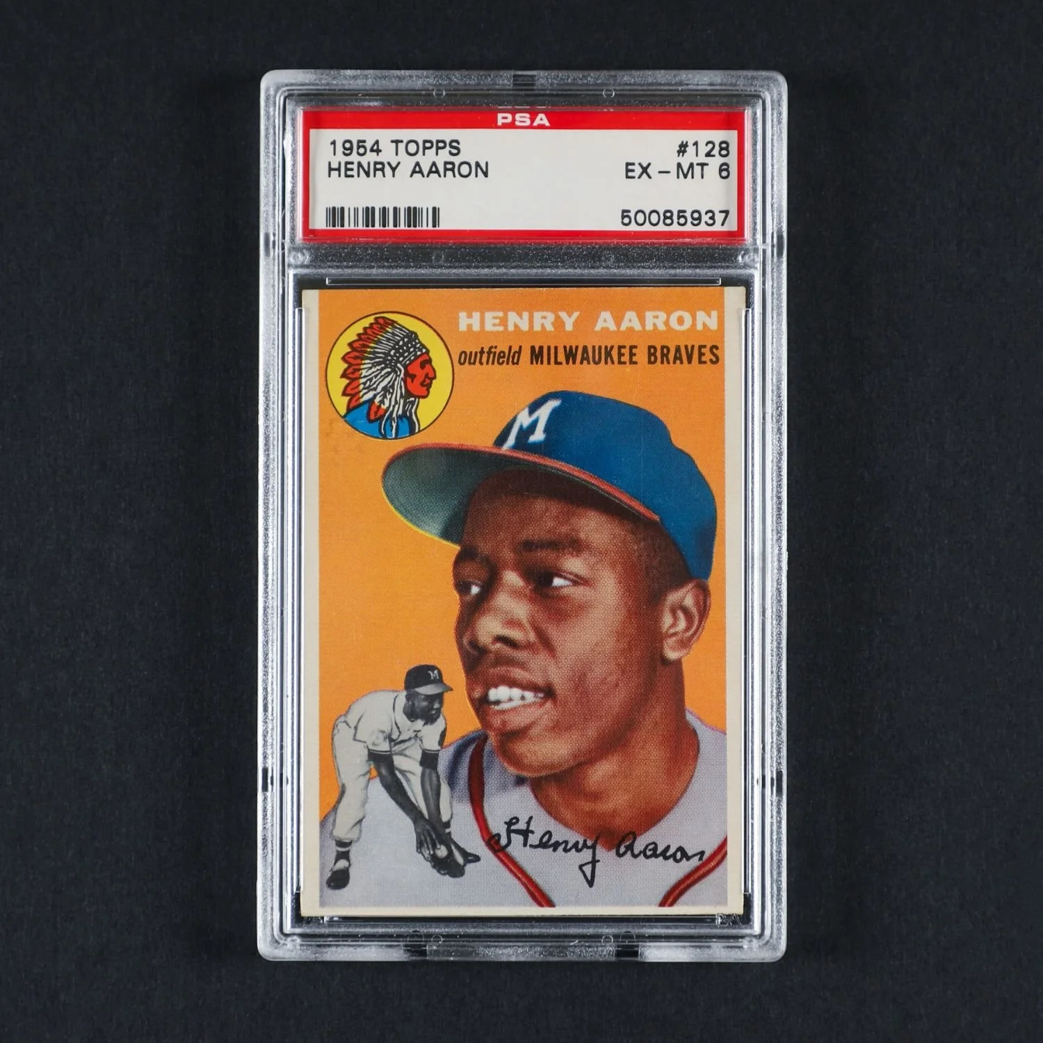 1954 Topps #128 Hank Aaron rookie card, graded PSA 6 EX-MT. Estimate: CA$12,000–$16,000.