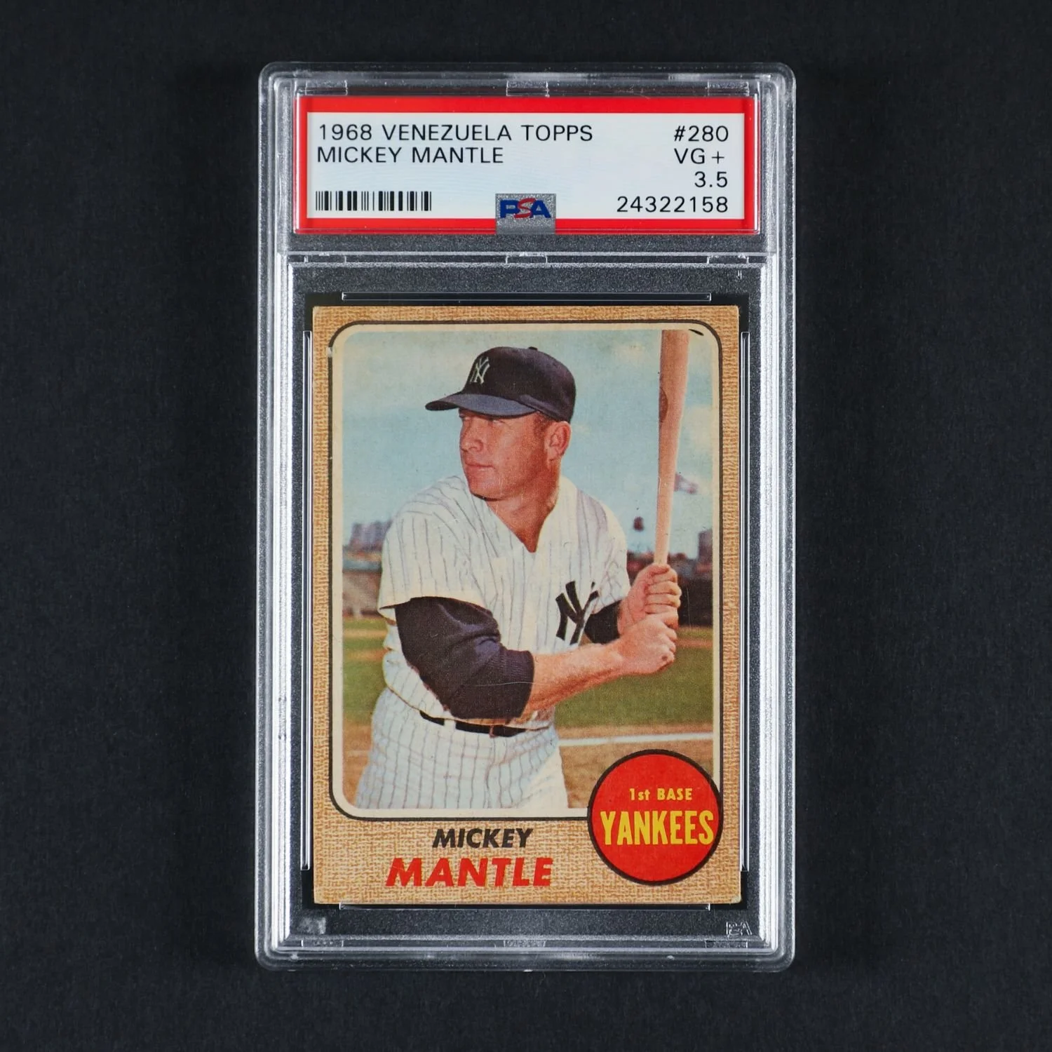 Rare 1968 Venezuela #280 Mickey Mantle, graded PSA 3.5 VG+. Estimate: CA$4,000–$6,000.