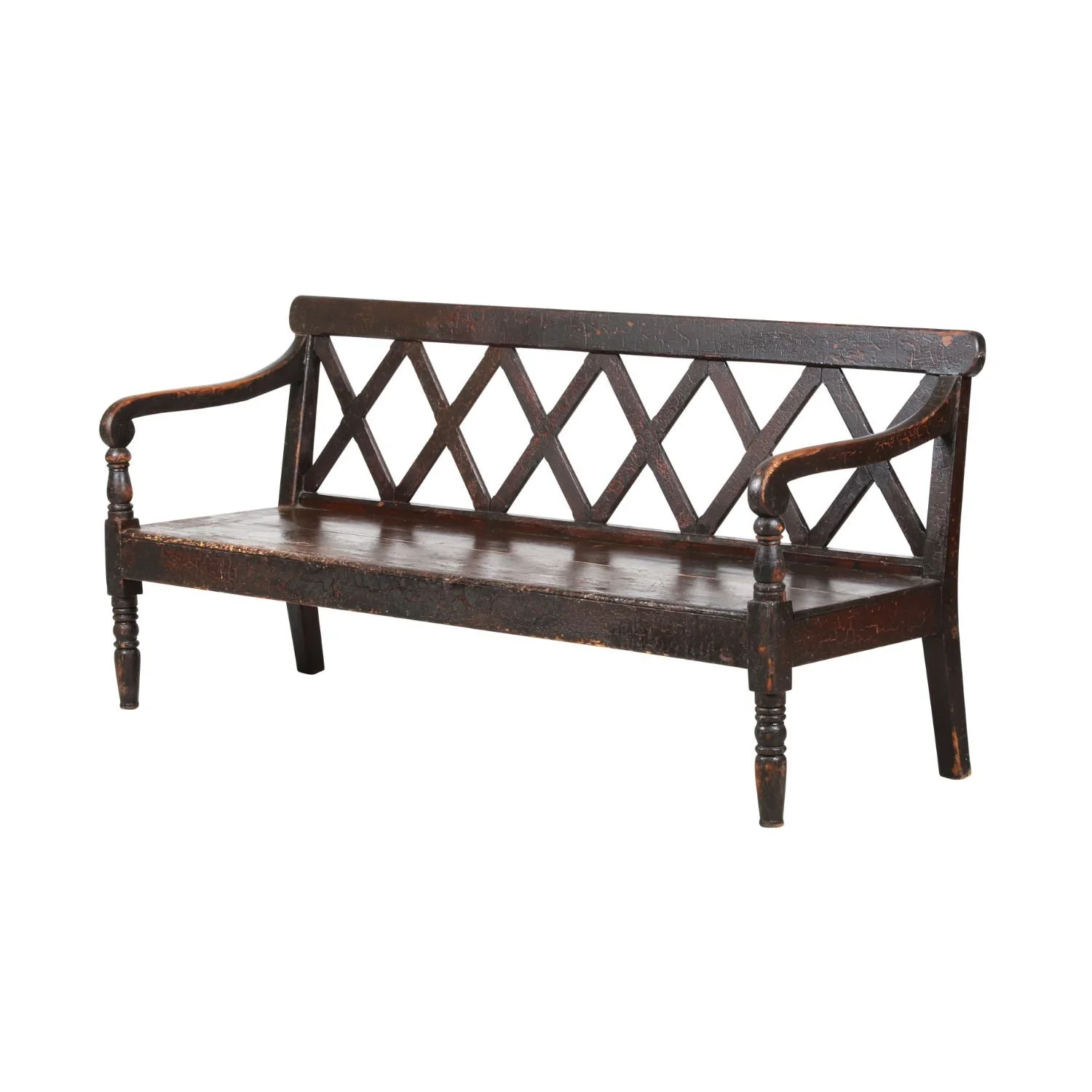 Mid-19th-century Ontario lattice-back sofa retaining original paint and crackled surface. Estimate: $2,000–$3,000 CAD.