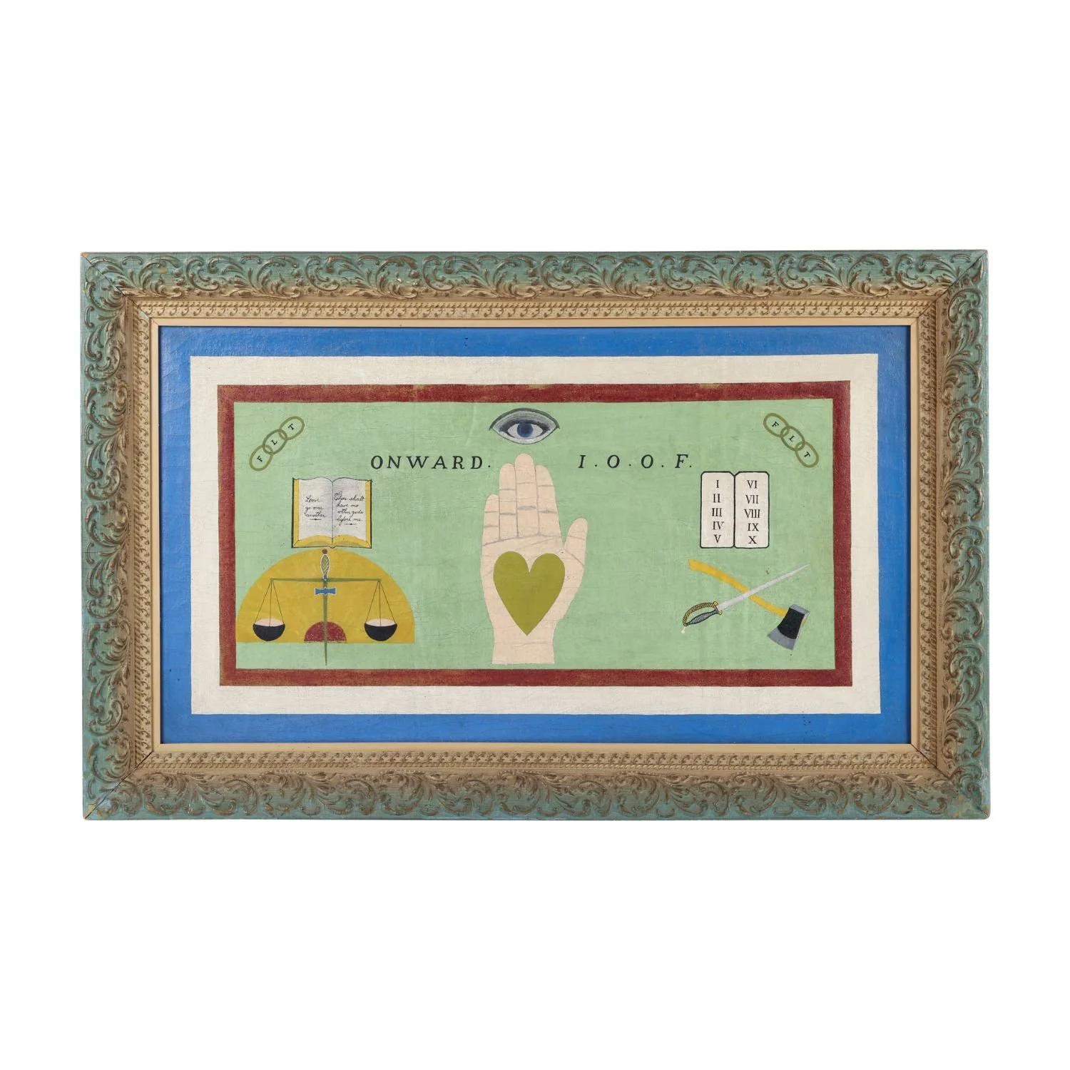 Circa 1880–1890 Nova Scotia sailcloth painting with Independent Order of Oddfellows motifs. Estimate: $1,500–$2,000 CAD.
