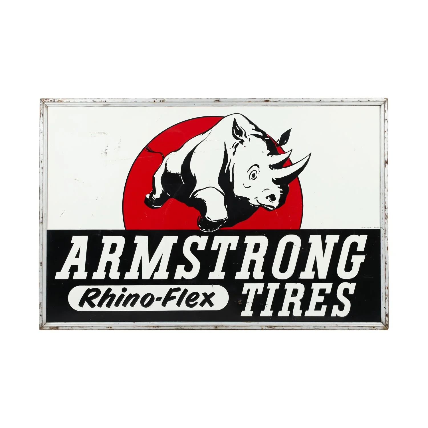 Embossed Armstrong Rhino-Flex Tires tin advertising sign, 1948–1959. Estimate: CA$3,500-5,000.