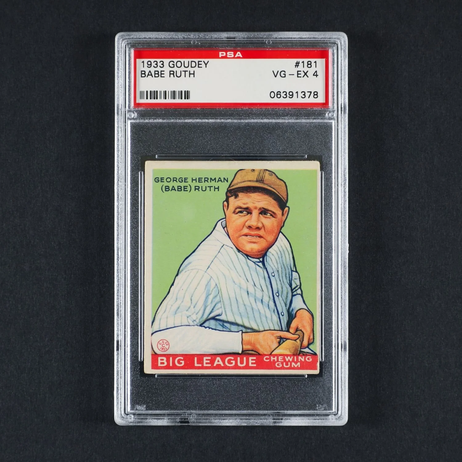1933 Goudey #181 Babe Ruth, graded PSA 4 VG-EX, featuring the green-background variant (CA$33,880).