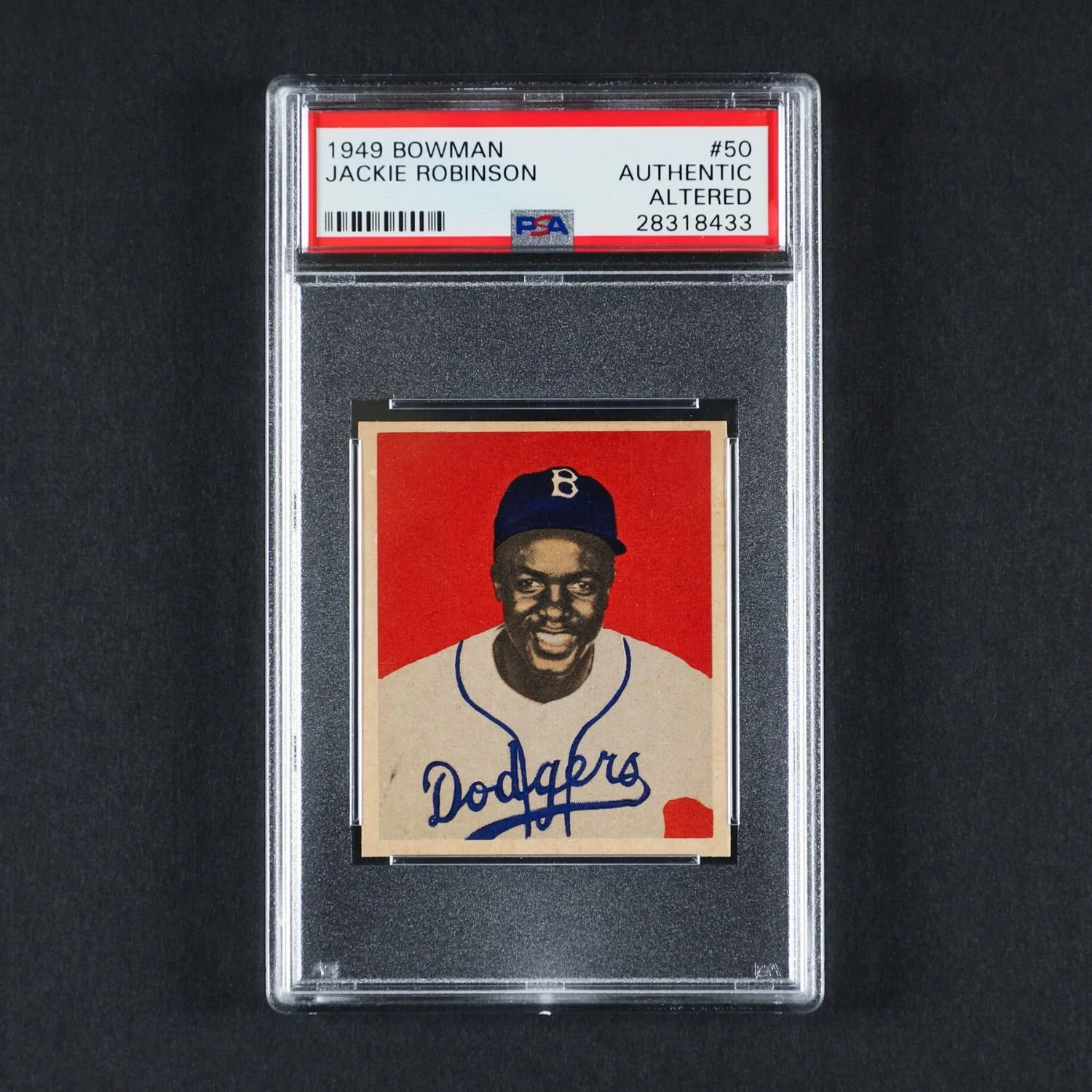1949 Bowman #50 Jackie Robinson, graded PSA Authentic Altered, an important post-war baseball card (CA$8,470).