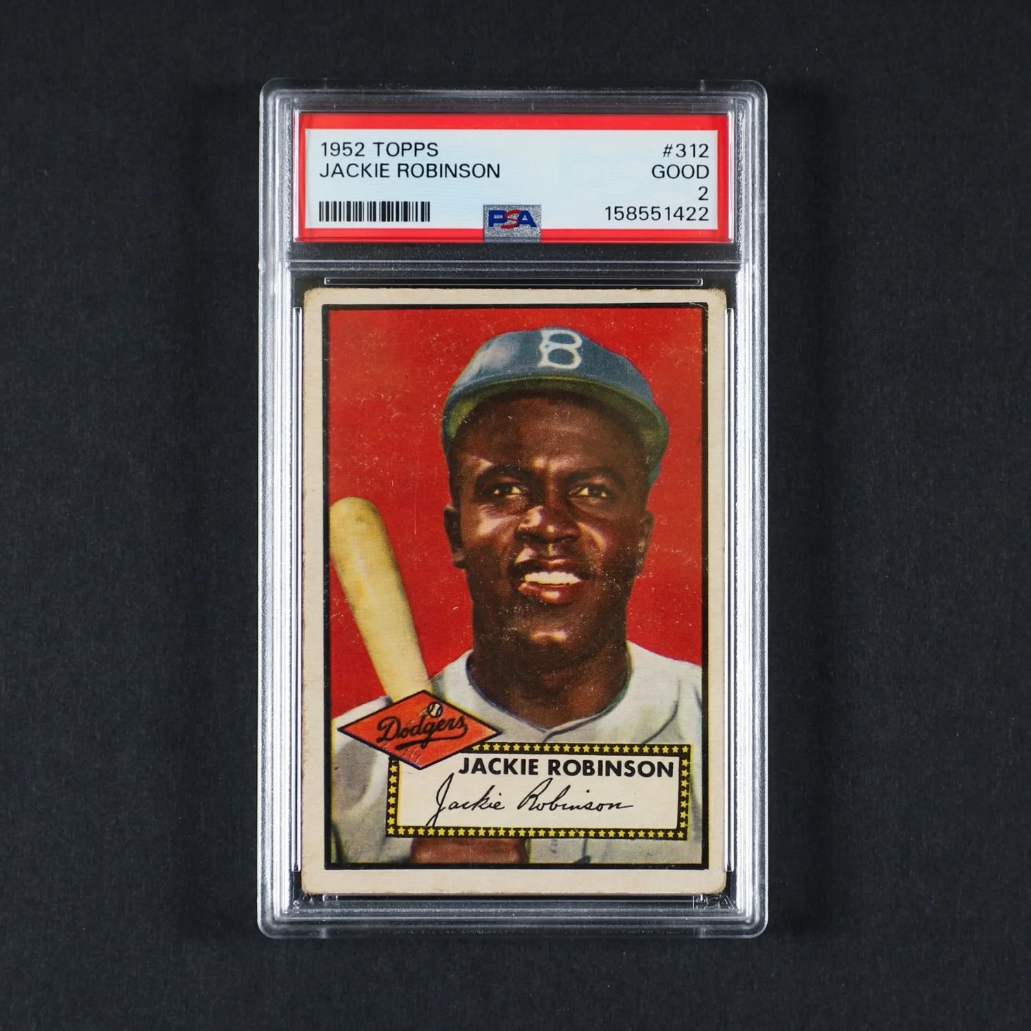 1952 Topps #312 Jackie Robinson, graded PSA 2 Good. Estimate: CA$8,000-12,000.