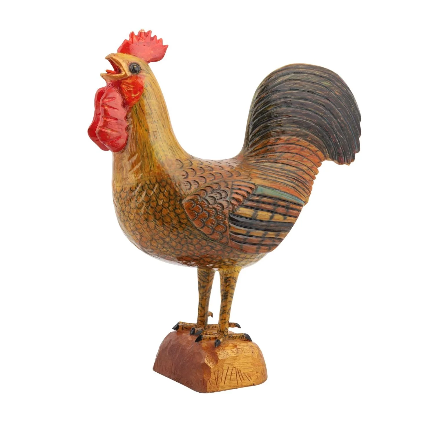Yvon Coté, Rooster - Expressive carved wood rooster with rich golden-brown and emerald-green accents; realized CA$3,025.