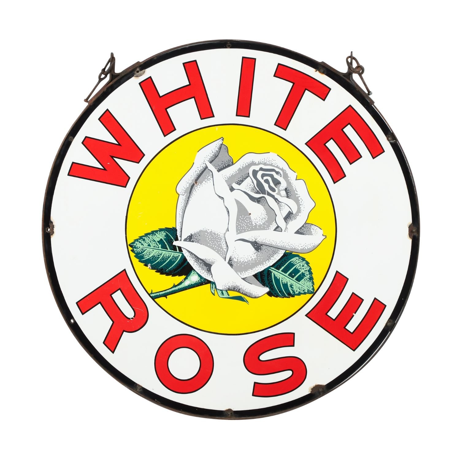 White Rose Service Station Sign: Canadian 1946 four-foot double-sided porcelain sign in its original frame and hardware, graded 8.5/8.75 (CA$10,890).