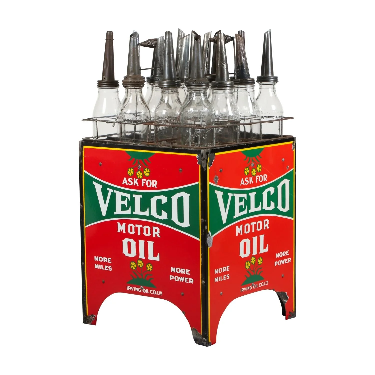 Irving Velco Motor Oil Bottle Rack: Canadian 1935–1948 service station display with eight glass oil bottles and removable wire carriers (CA$10,890).