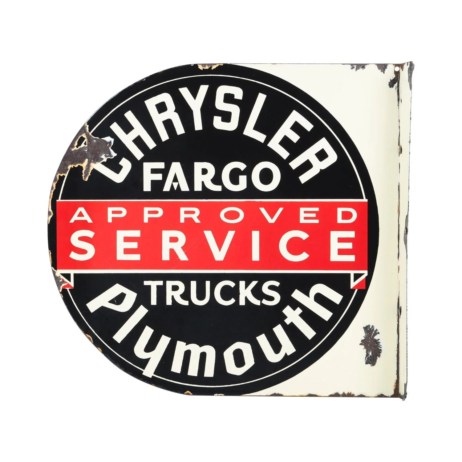 Chrysler Plymouth Fargo Trucks Sign: Canadian 1936–1955 double-sided porcelain flange sign promoting Chrysler-approved garage service, graded 8.5/8.5 (CA$9,680).