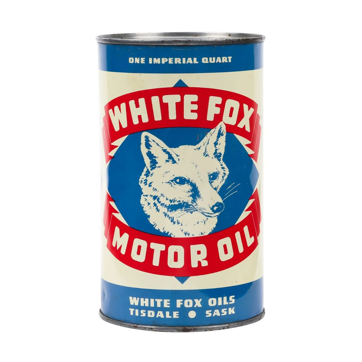 White Fox Motor Oil Imperial Quart Can: Scarce Canadian lithographed tin oil can from an independent Saskatchewan brand, graded 8.75 (CA$9,075).