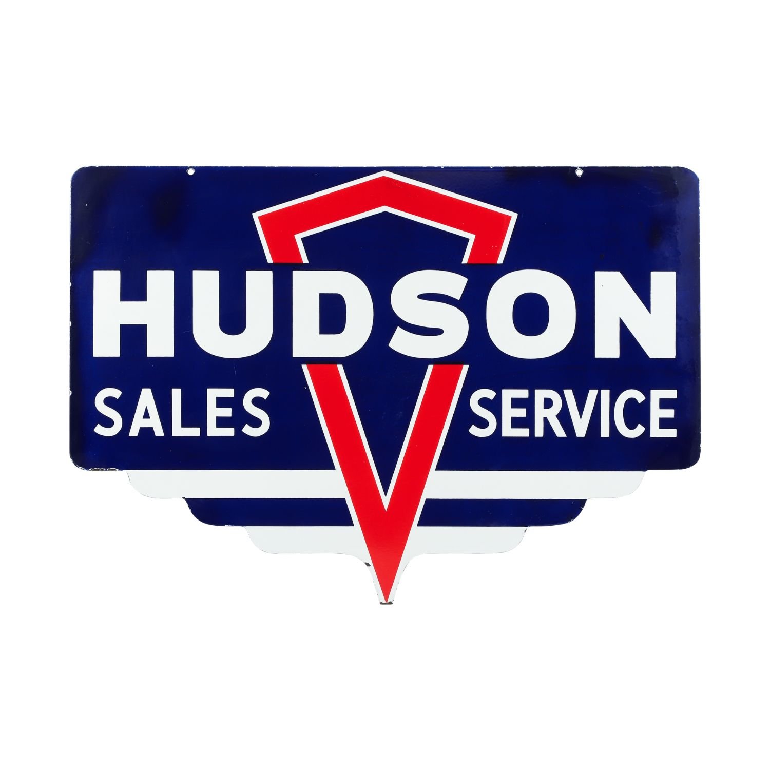 Hudson Sales Service Dealer Sign: Die-cut double-sided porcelain Hudson automotive sign made in the U.S.A. between 1948 and 1957, graded 8.5/8.5 (CA$7,260).